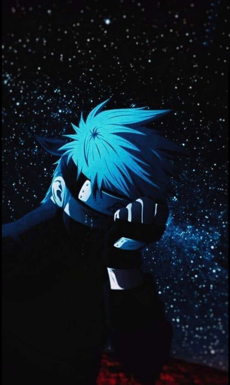 A blue-haired anime character in a dark cloak stands against a starry night sky with glowing eyes and a determined expression., HD Phone Wallpaper