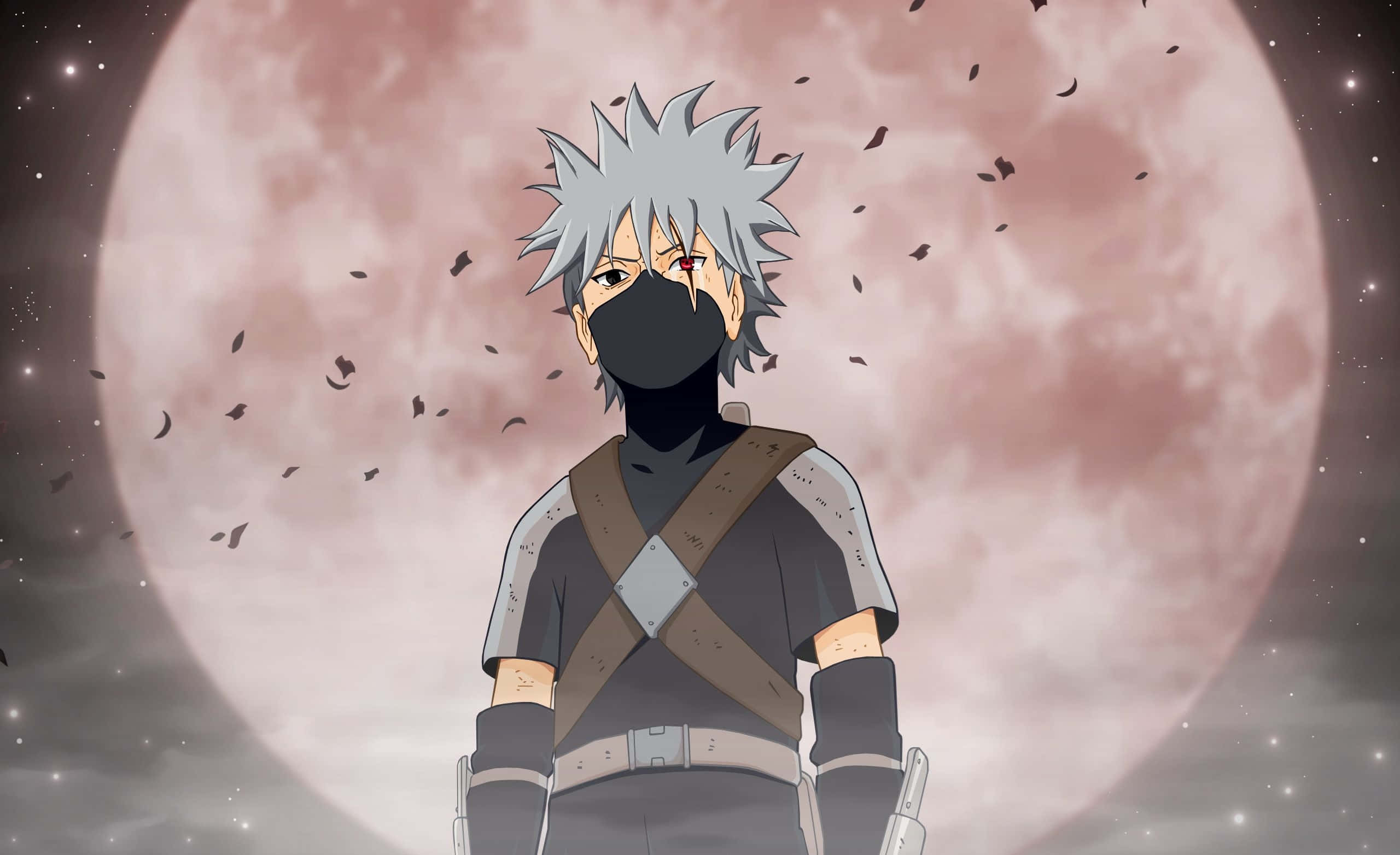A spiky-haired anime ninja with a black mask stands before a massive pink moon as leaves drift in the starry night sky., 2K Desktop Wallpaper