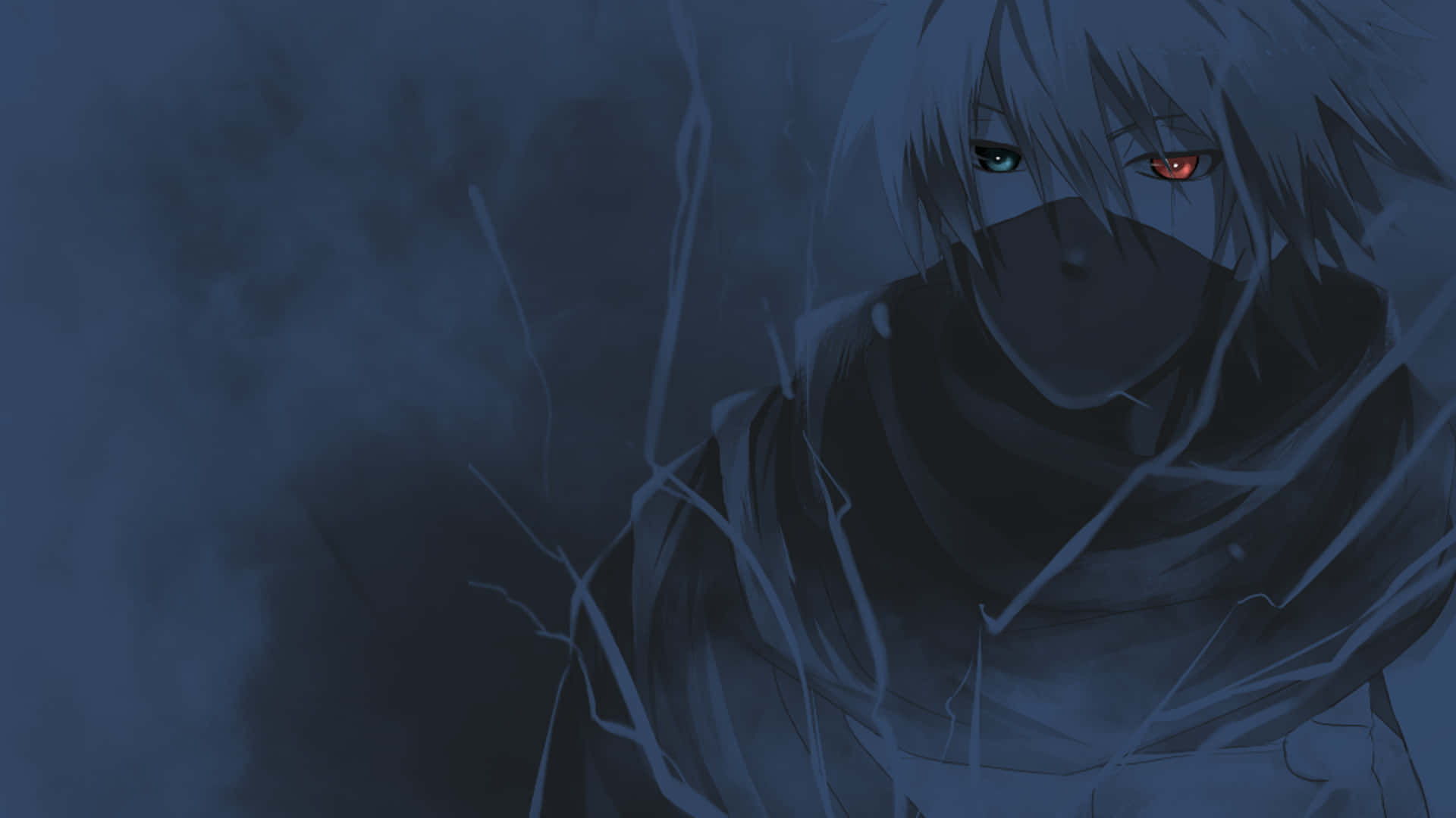 A masked anime character with heterochromatic eyes glows in a dark misty scene with icy branches., Full HD Desktop Wallpaper