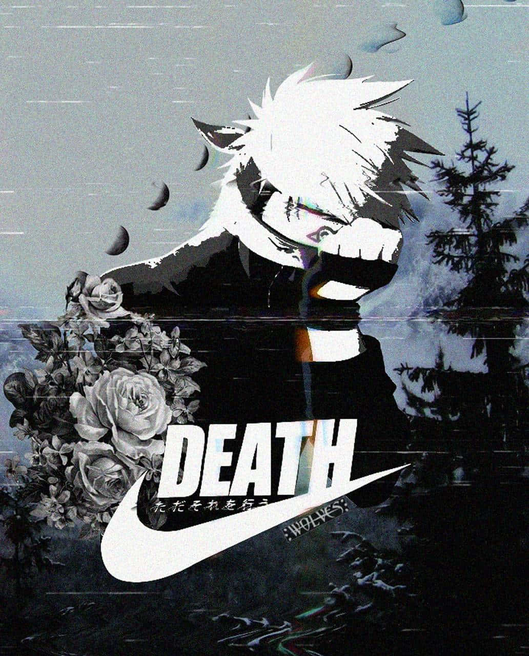 A stylized anime character with white hair and a tearful expression stands beside roses and a Nike logo with the word death overlaid., HD Phone Wallpaper