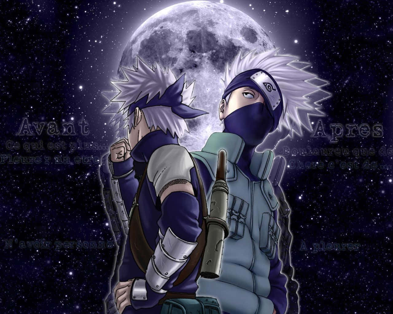 Two masked ninja stand under a giant moon against a starry night sky in a dramatic anime scene., HD Desktop Wallpaper