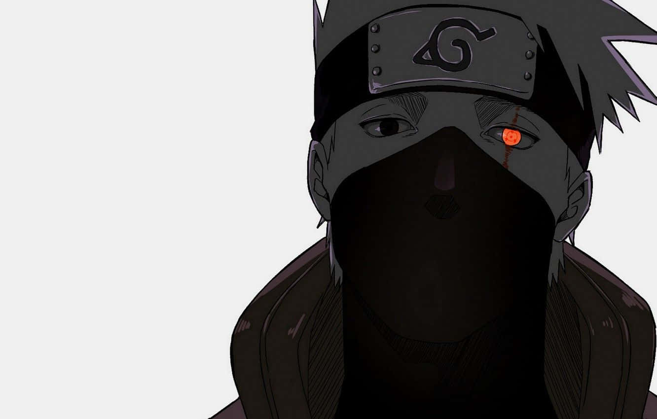An anime character with a black mask and glowing red eye stares intensely against a plain white background., HD Desktop Wallpaper
