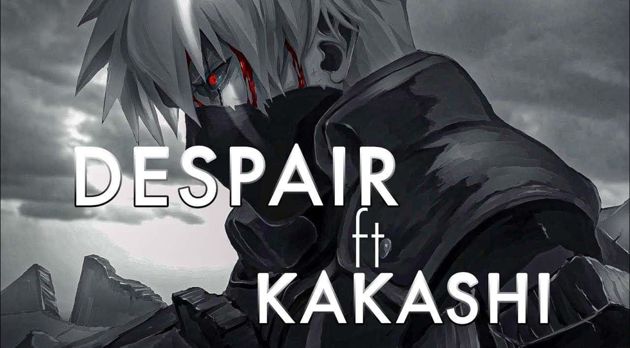 A grim anime character with silver hair and red eye stands in a stormy gray landscape, text overlay reads DESPAIR ft KAKASHI., HD Desktop Wallpaper