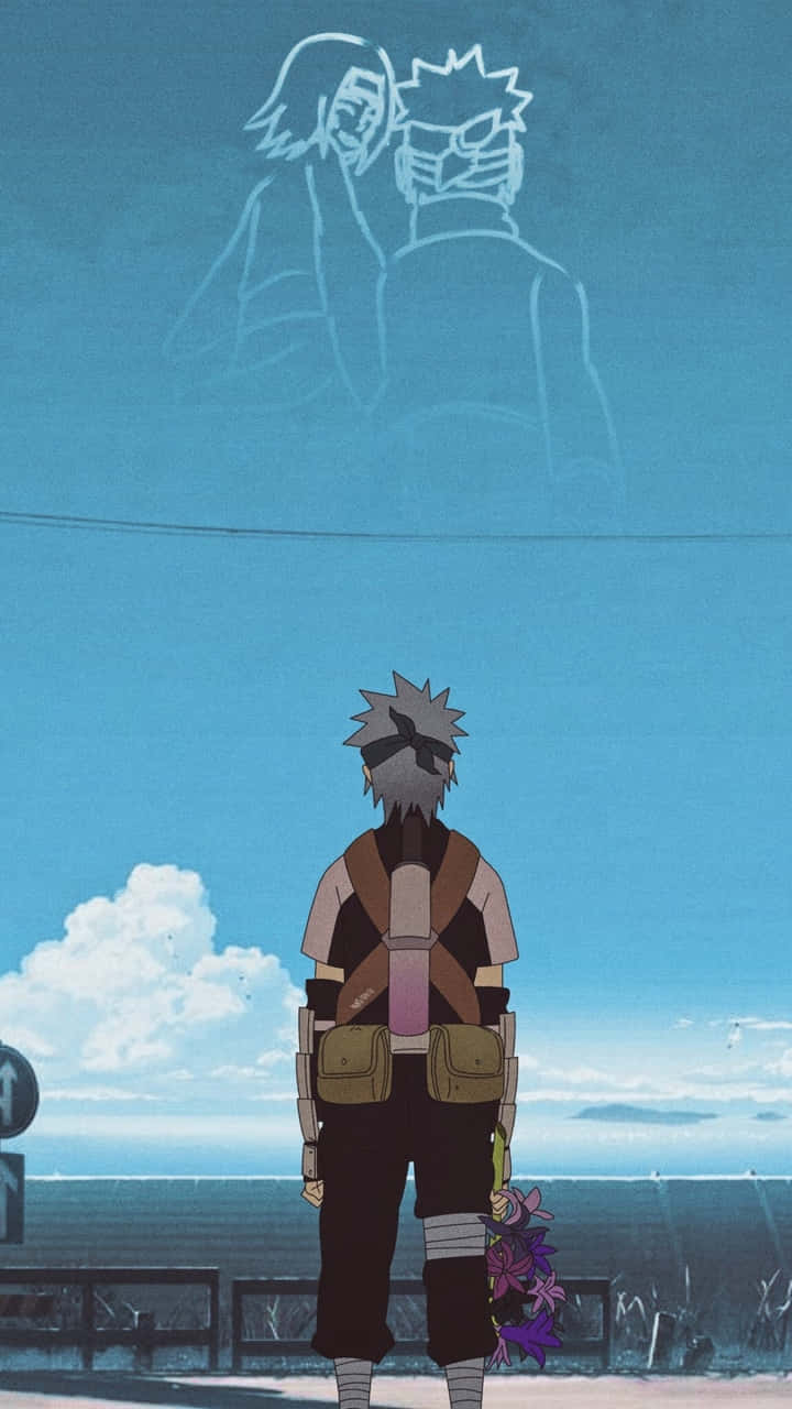 A spiky-haired anime character stands on a seaside road holding flowers, gazing at a ghostly outline of two figures embracing above him., HD Phone Wallpaper