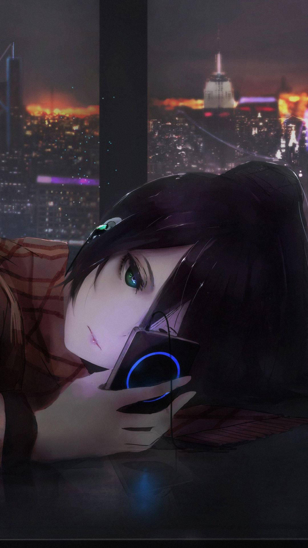 anime girl, glowing green eyes, glowing phone, Full HD Phone Wallpaper