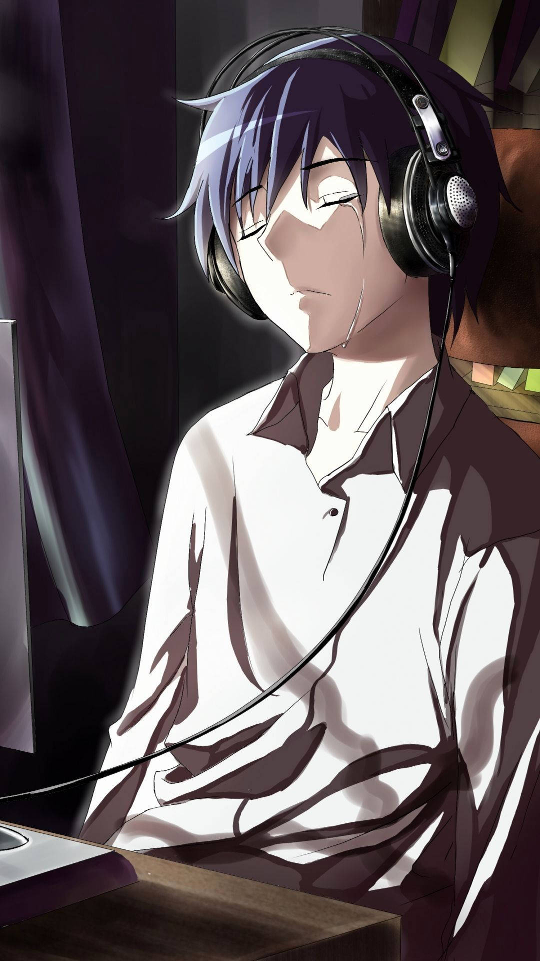 anime boy, purple hair, headphones, Full HD Phone Wallpaper