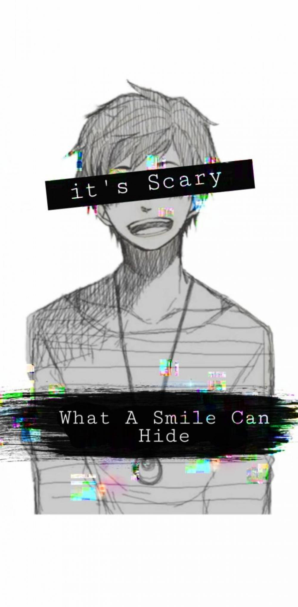 sad pfp, smiling boy, glitchy anime sketch, Full HD Phone Wallpaper