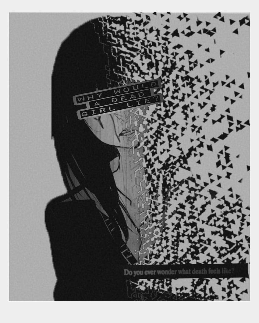 Disintegrating Girl Sad PFP, monochrome anime girl, half her face shattered into triangular pixels, SD Phone Wallpaper