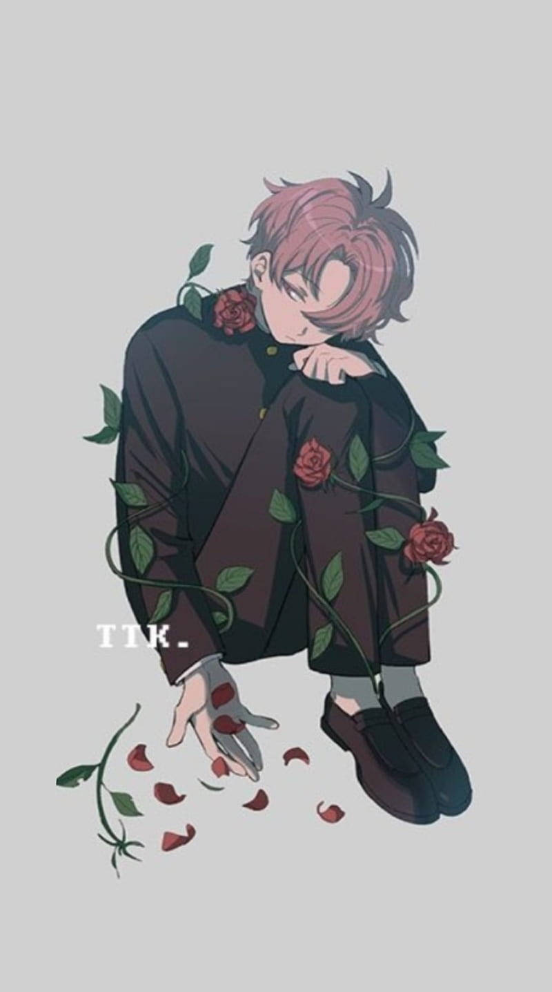 boy with pink hair, red roses, petals, HD Phone Wallpaper