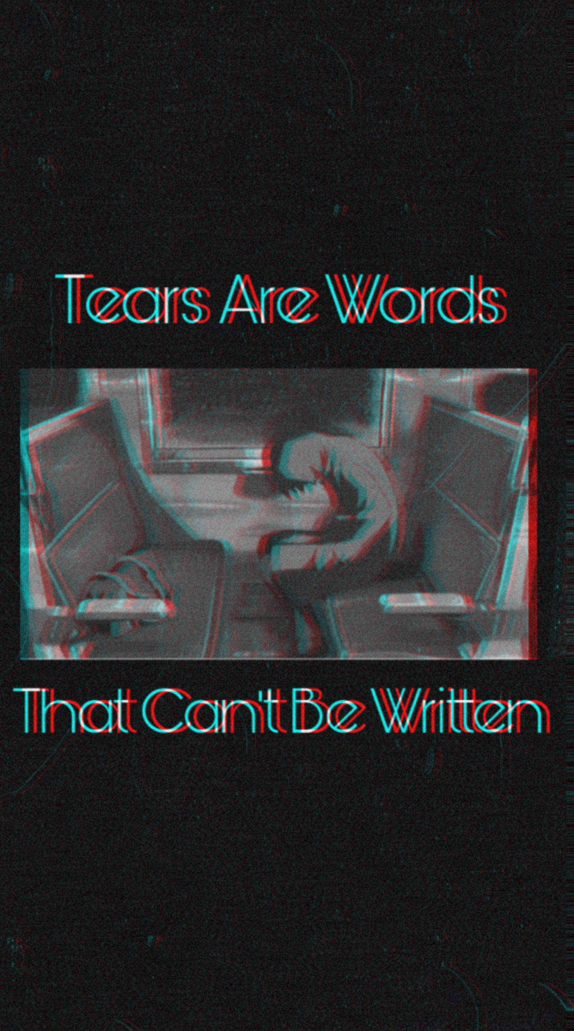 glitchy anaglyph image, person hunched over, dim room, 2K Phone Wallpaper