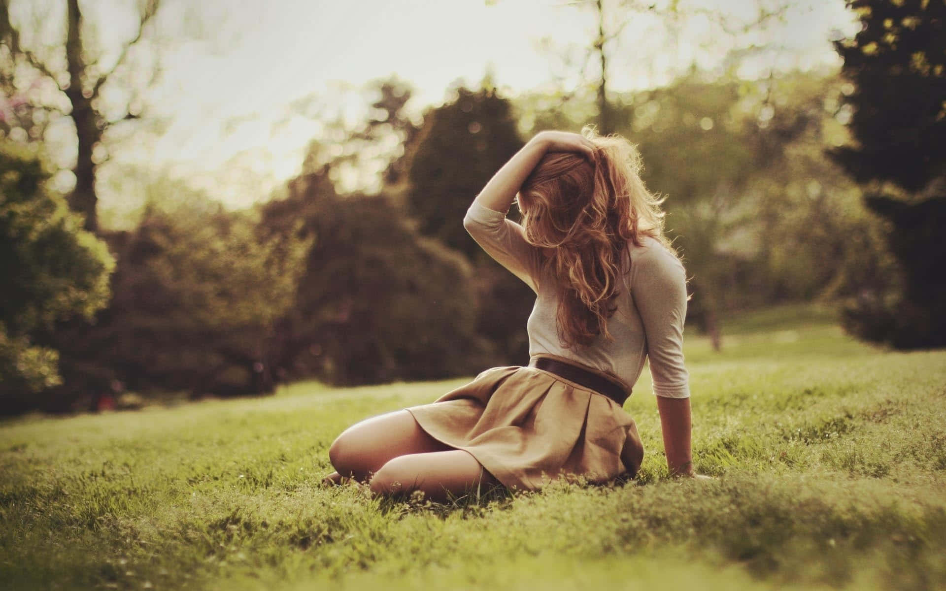 Sad Romance, sunlit park, long hair, Full HD Desktop Wallpaper