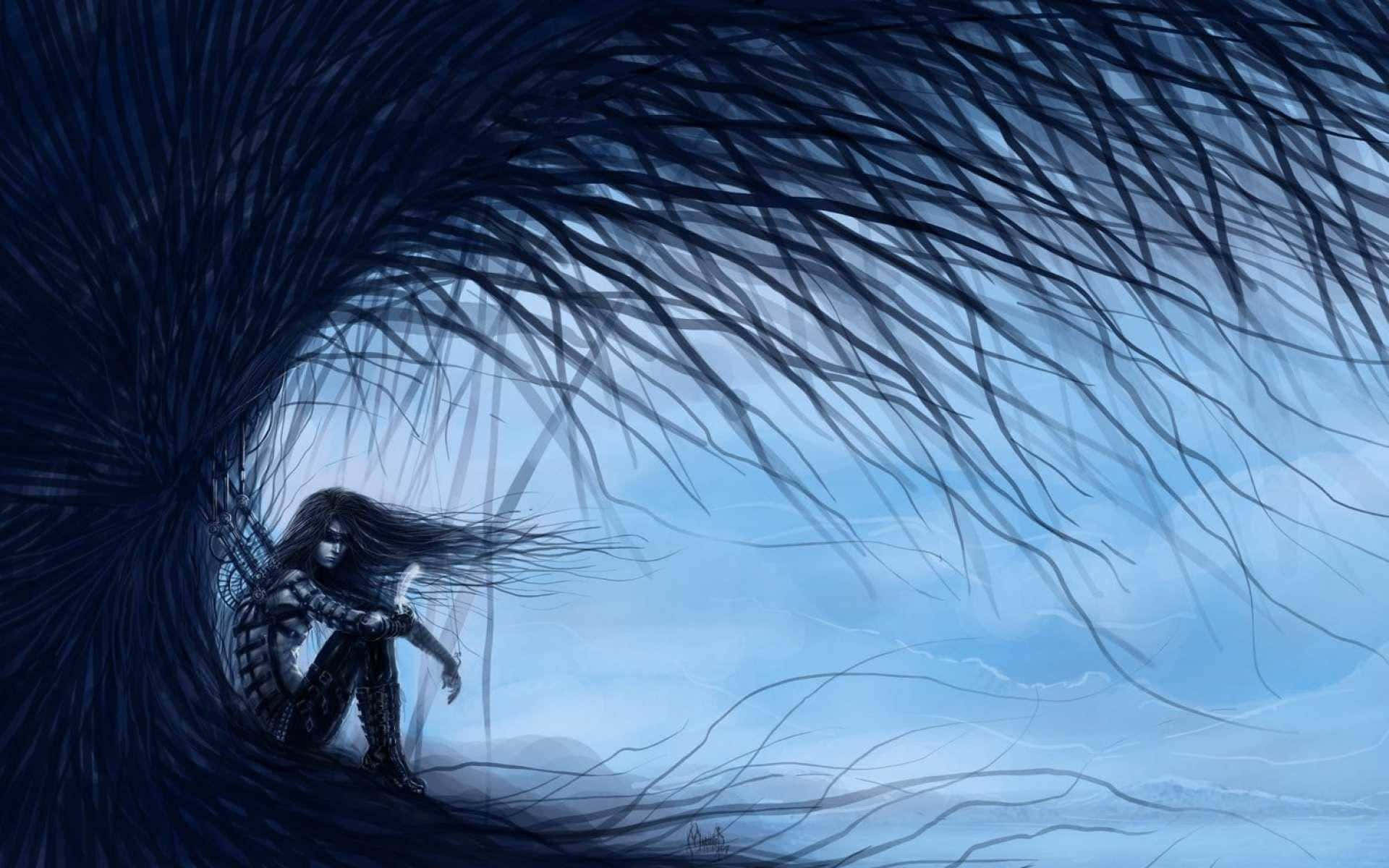 Sad Romance, black tendrils, pale blue sky, Full HD Desktop Wallpaper