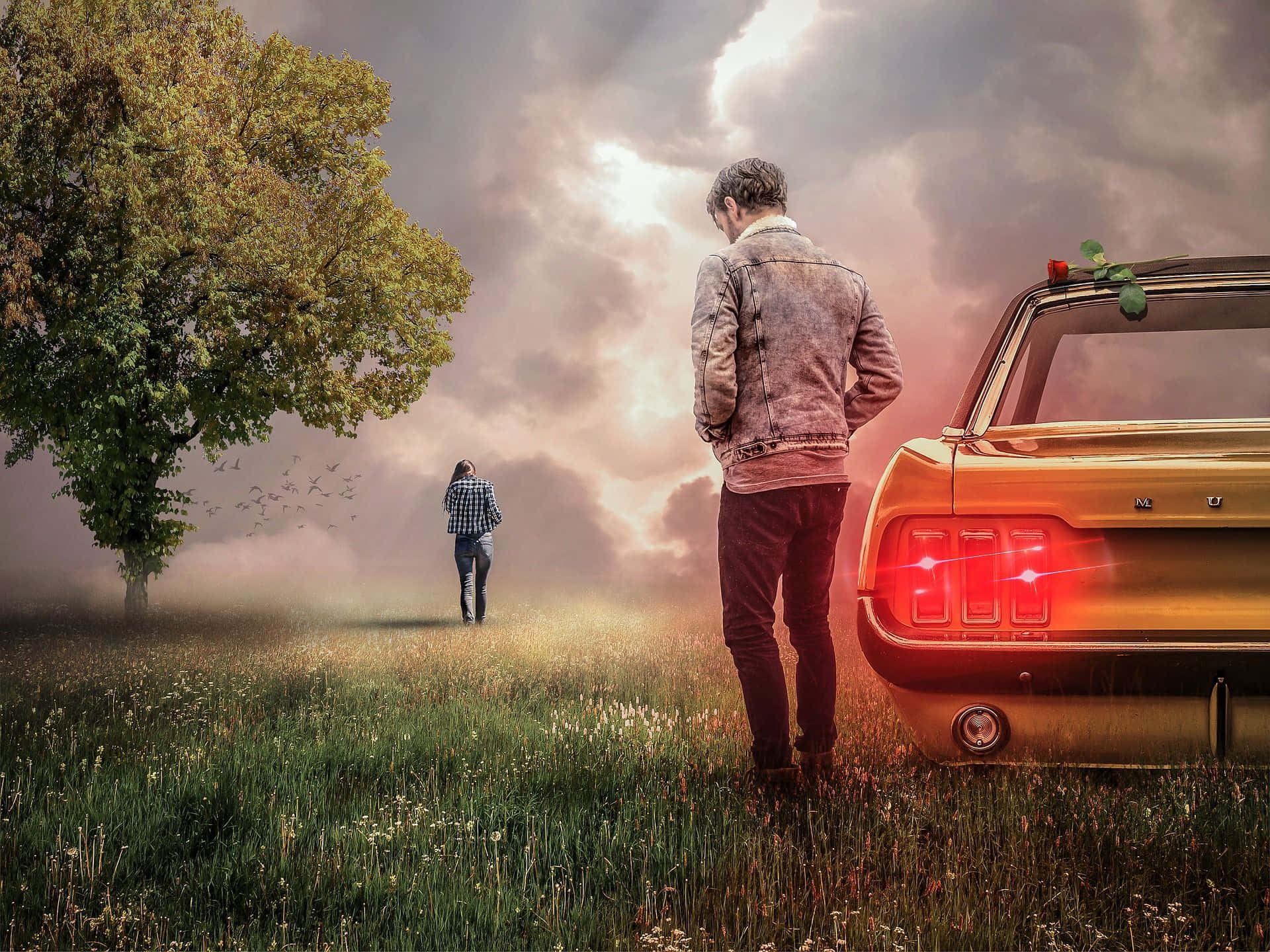 leather jacket, vintage car, misty field, Full HD Desktop Wallpaper