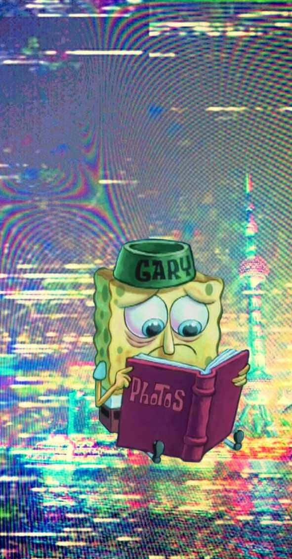 SpongeBob, Gary hat, purple book titled Photos, SD Phone Wallpaper