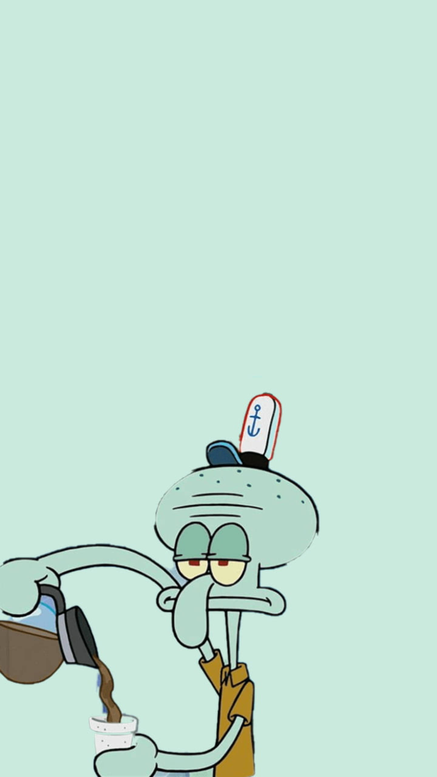 Sad Squidward, coffee, tired expression, 2K Phone Wallpaper