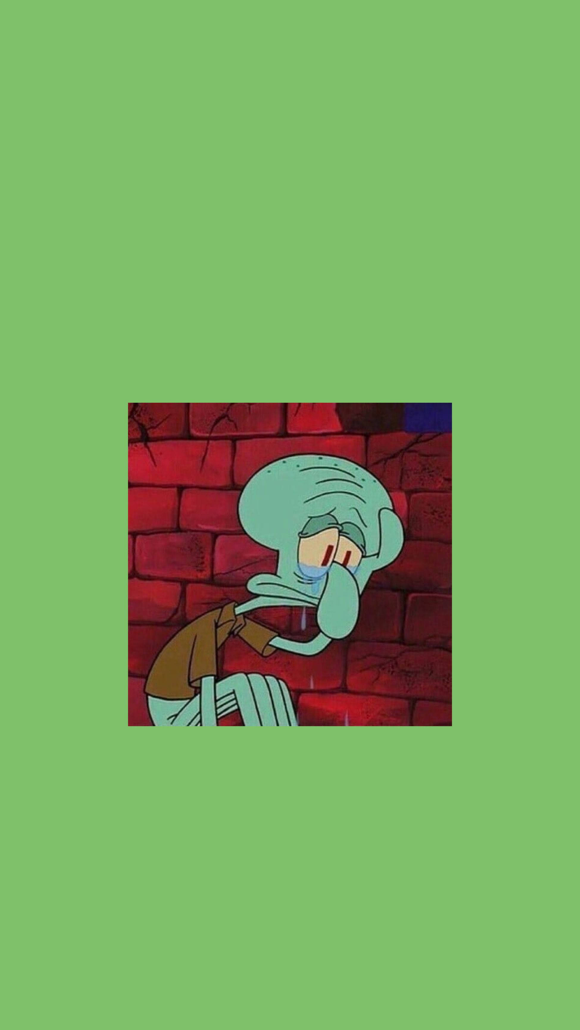 Squidward, red brick wall, crying, 2K Phone Wallpaper