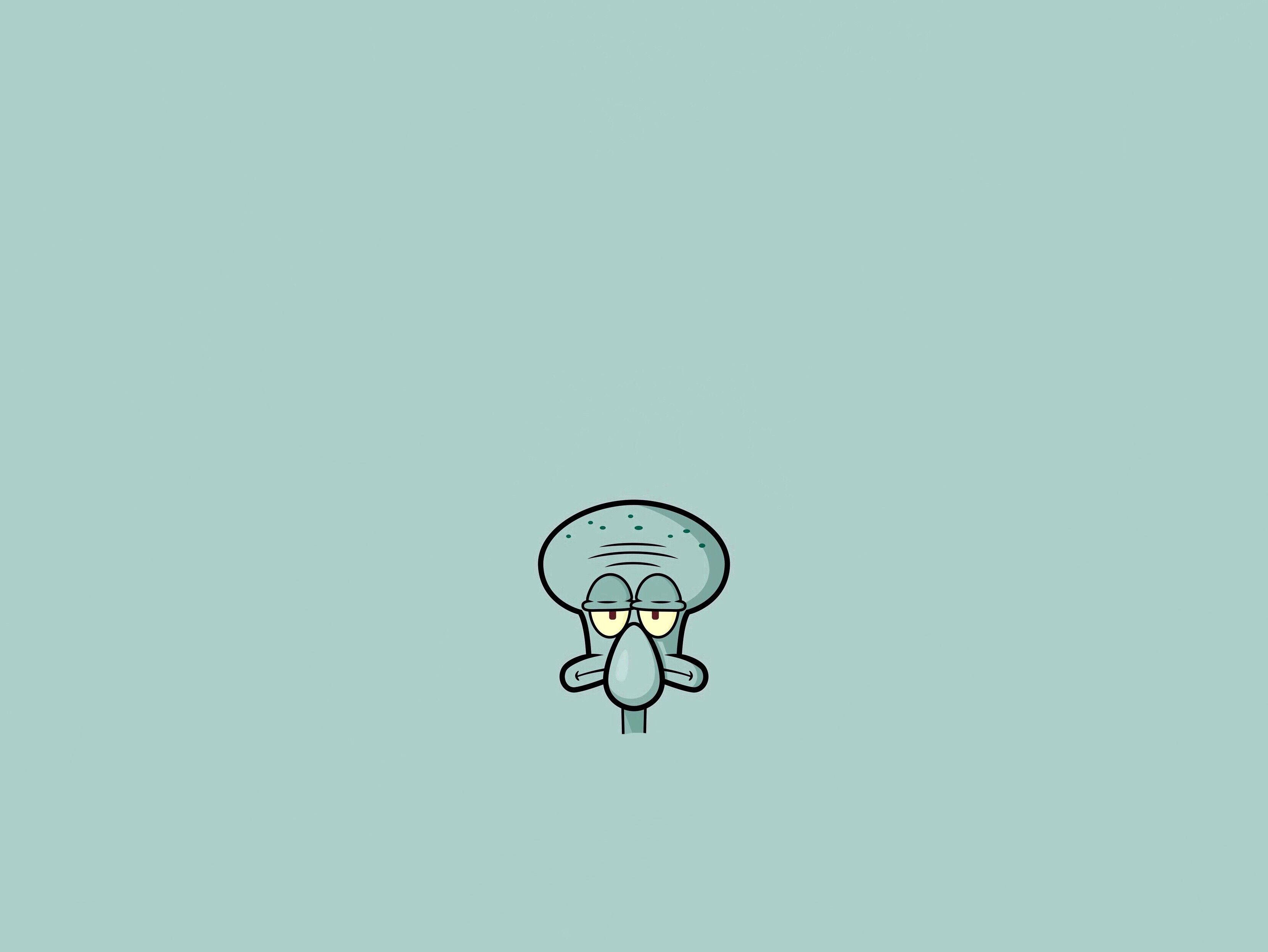 Sad Squidward, teal background, grumpy expression, 2K Desktop Wallpaper