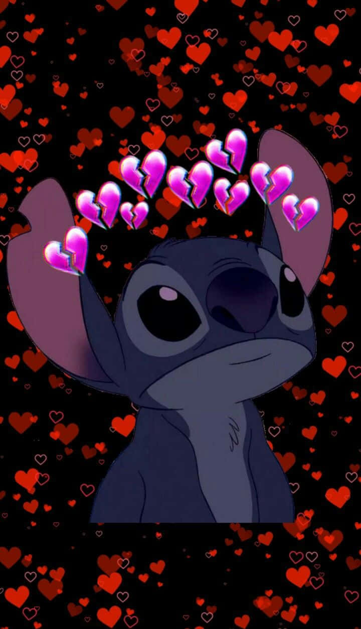 Sad Stitch, Stitch, purple hearts, SD Phone Wallpaper