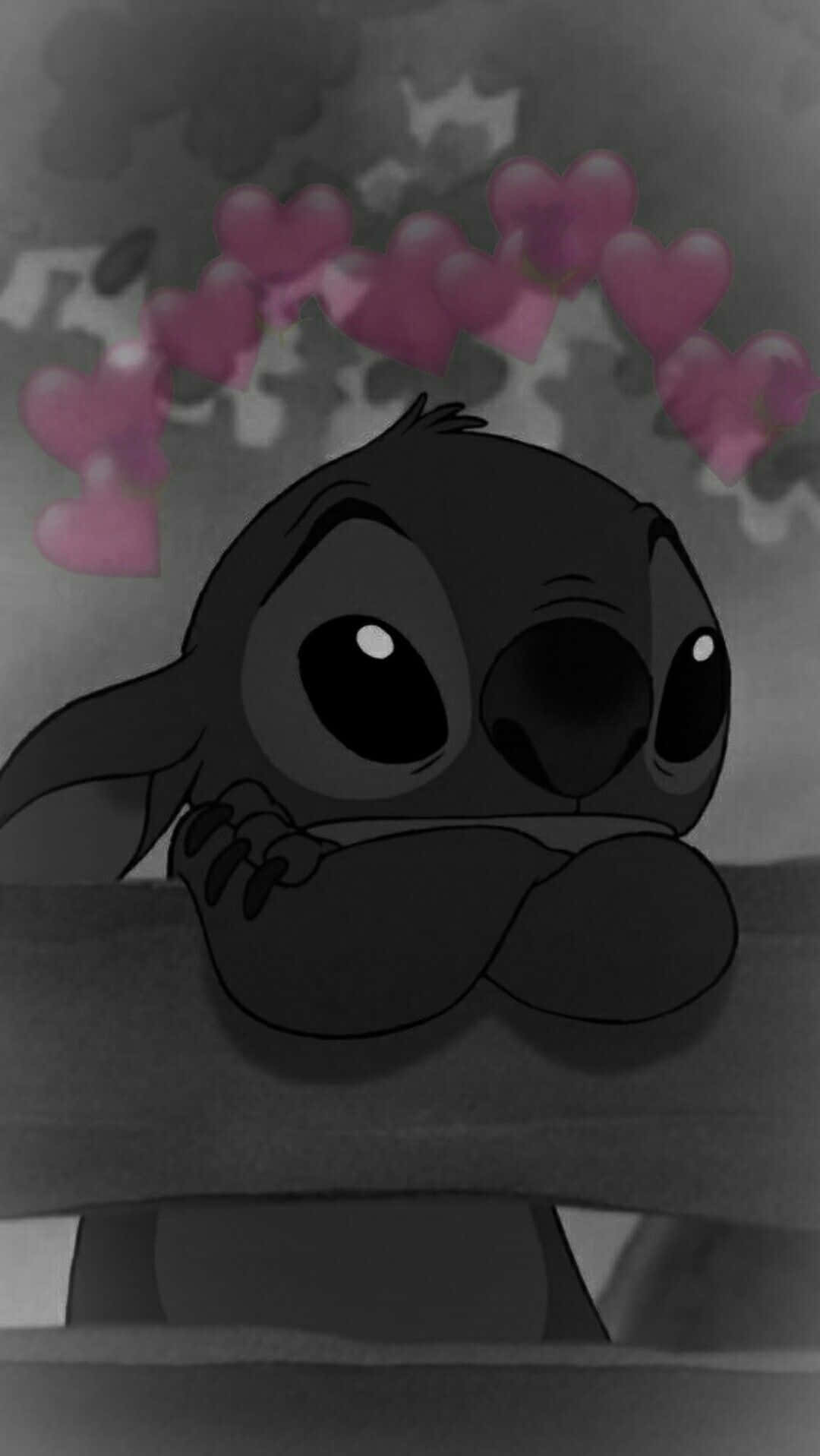 Sad Stitch, grayscale, pink heart halo, HD Phone Wallpaper