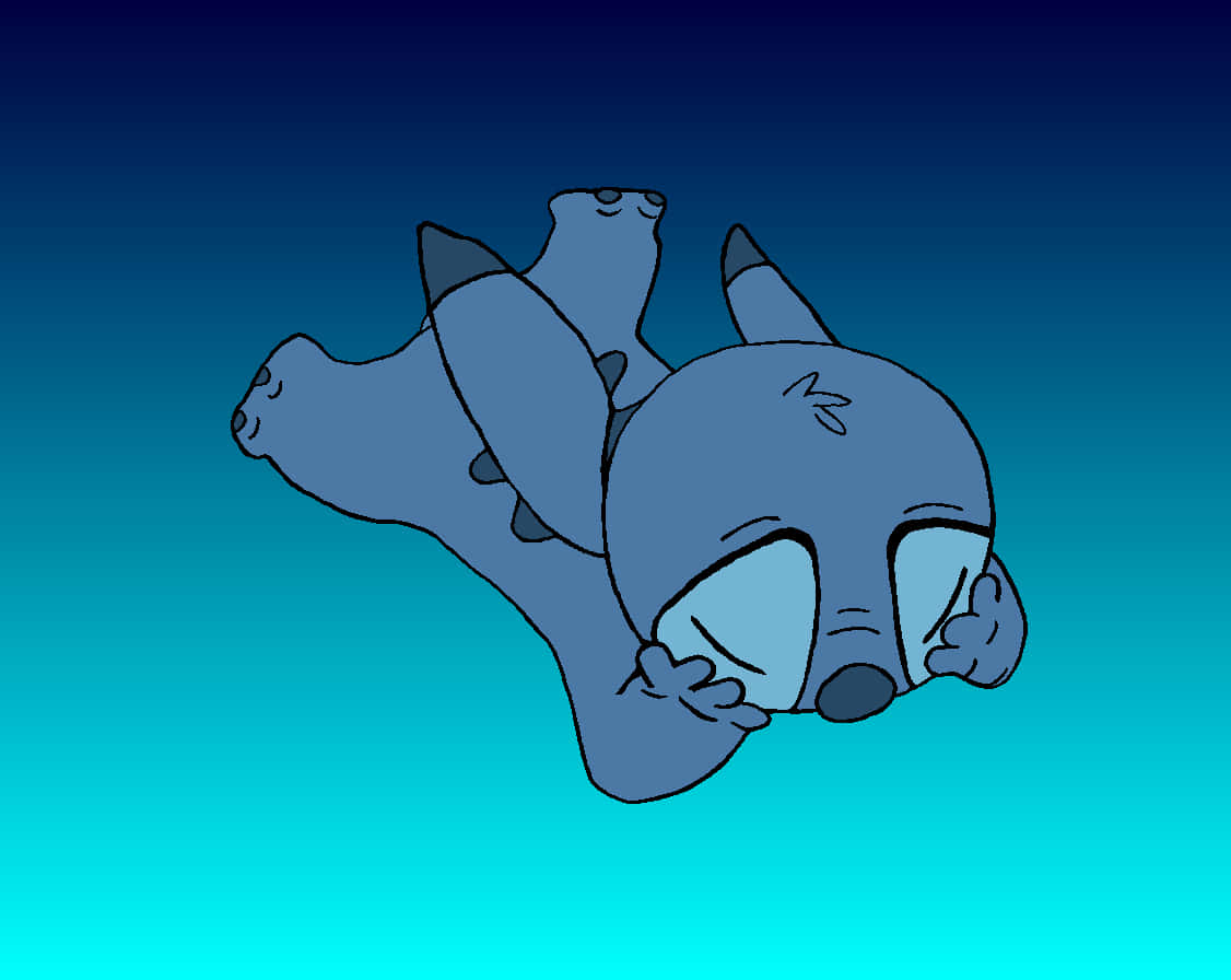 Sad Stitch, blue cartoon dinosaur, teal and navy gradient background, SD Desktop Wallpaper