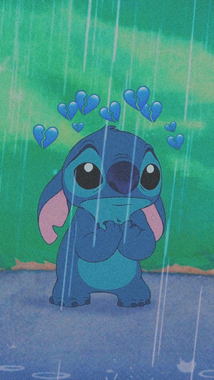 Sad Stitch, blue cartoon alien, rain, SD Phone Wallpaper