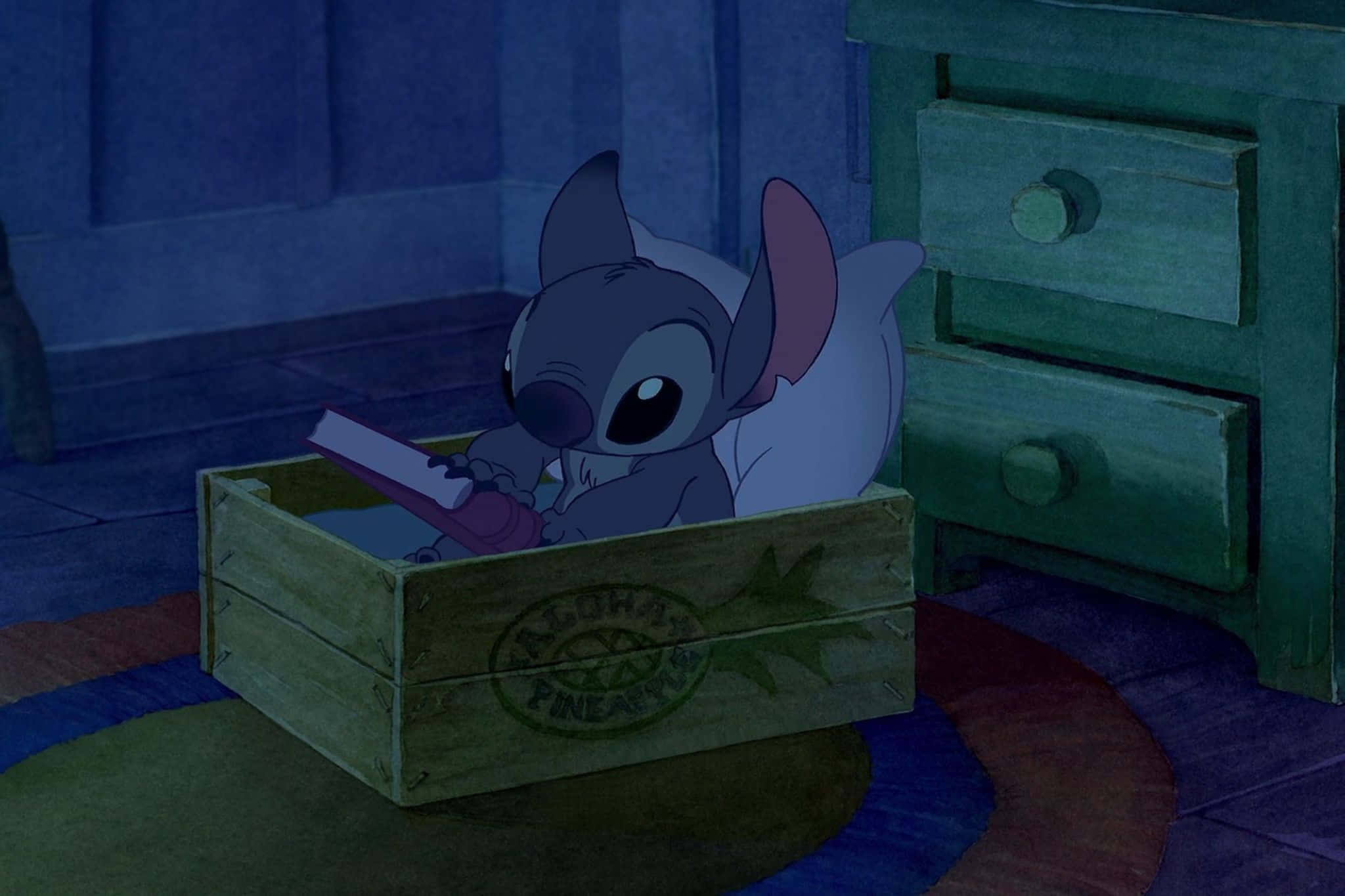 Stitch, wooden pineapple crate, dim blue light, Full HD Desktop Wallpaper