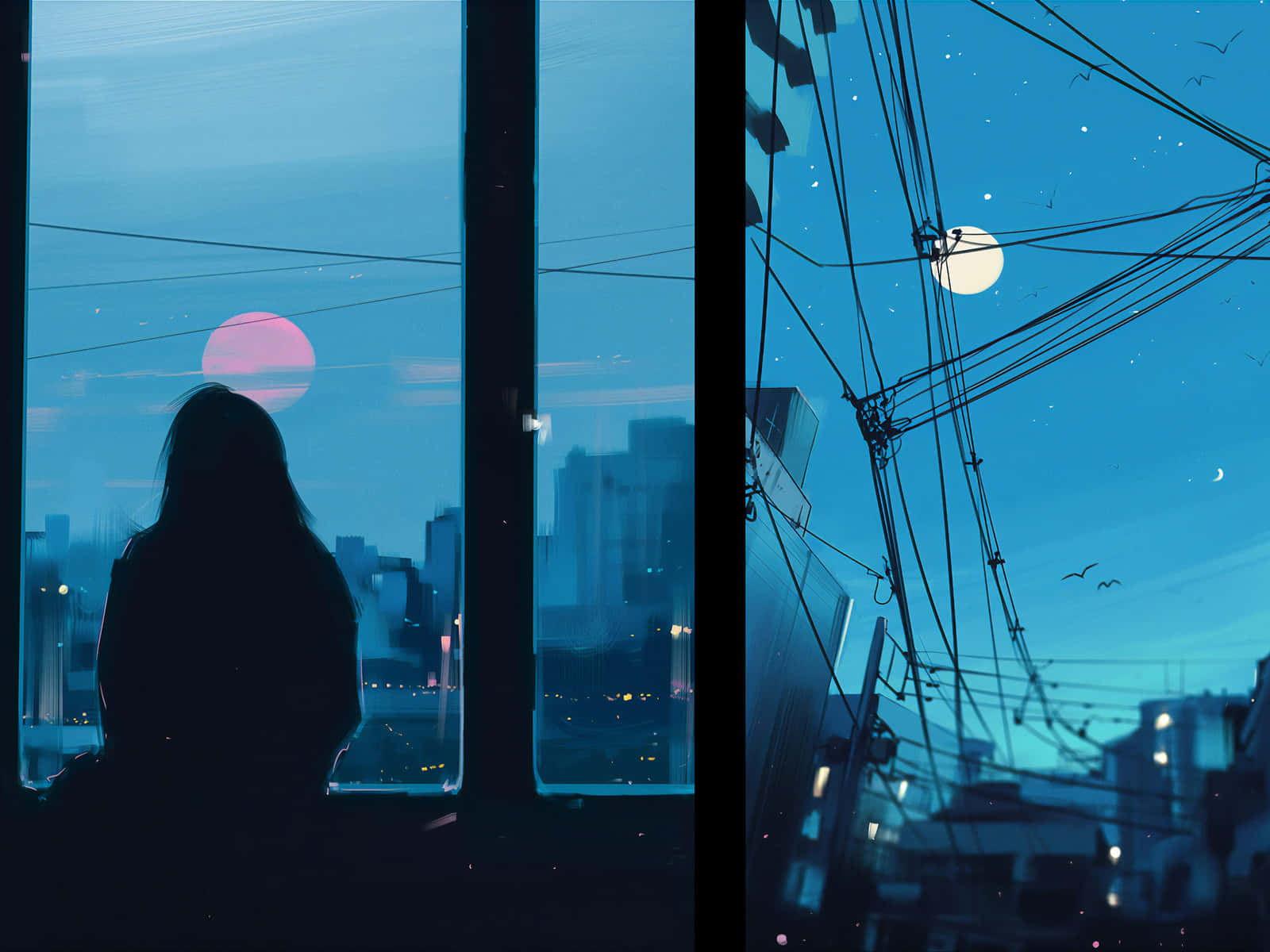 pink sun, starry sky, tangled wires, HD Desktop Wallpaper