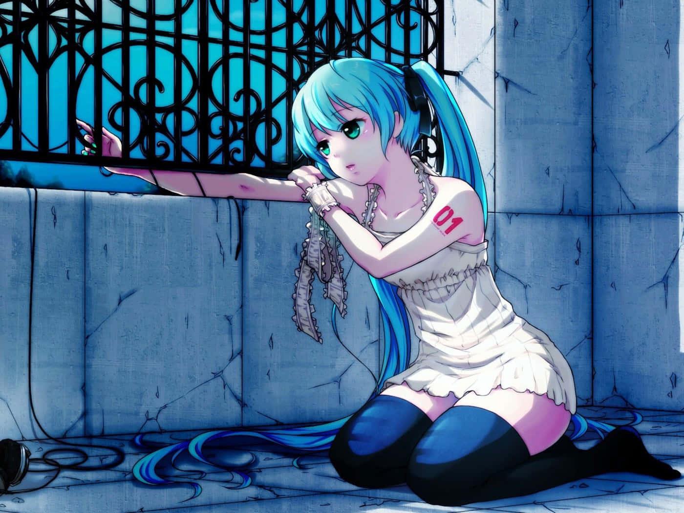 Sad Vibes, blue-haired anime girl, cracked concrete wall, HD Desktop Wallpaper