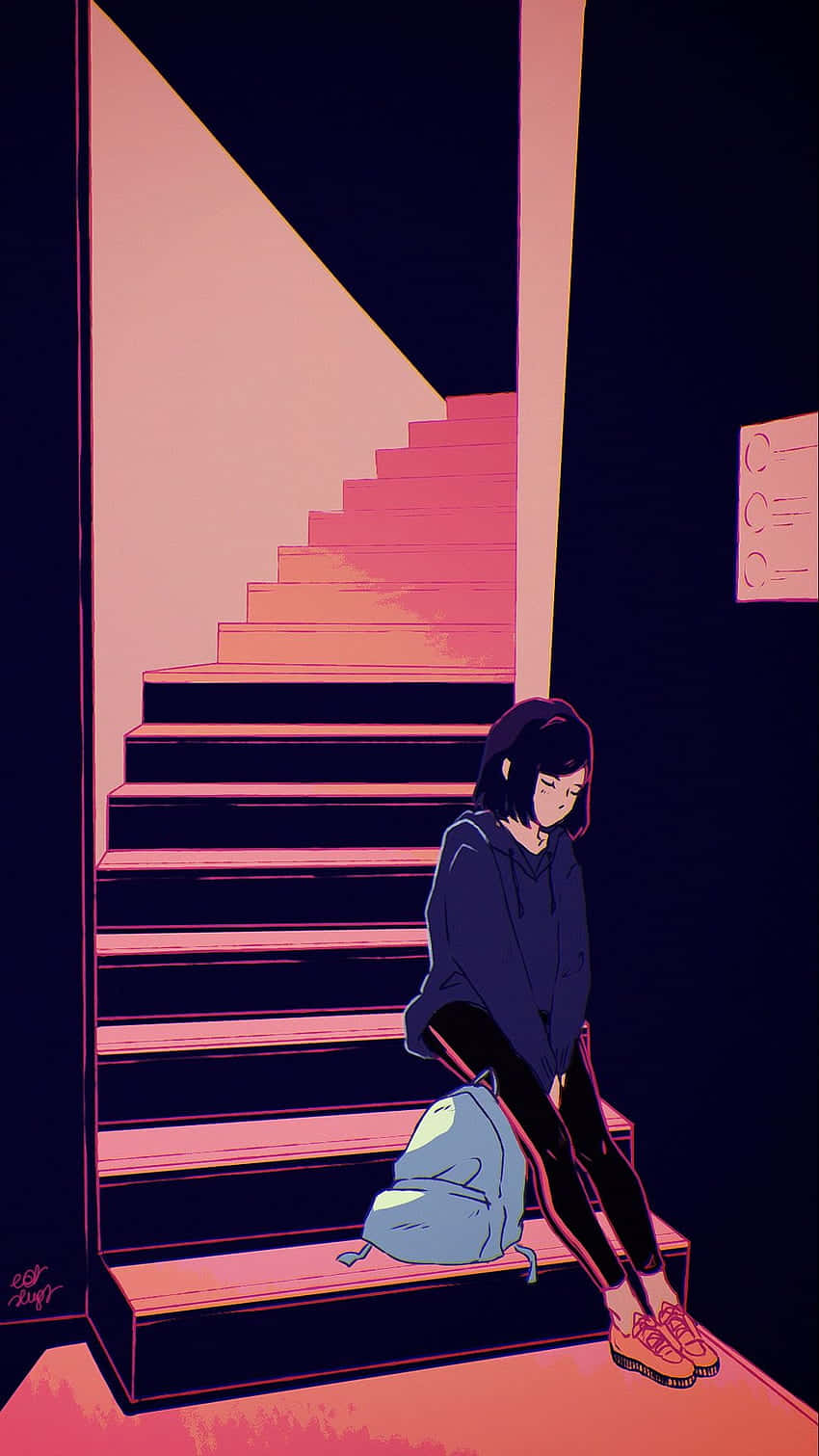 Sad Vibes, glowing pink stairs, dramatic neon light, HD Phone Wallpaper