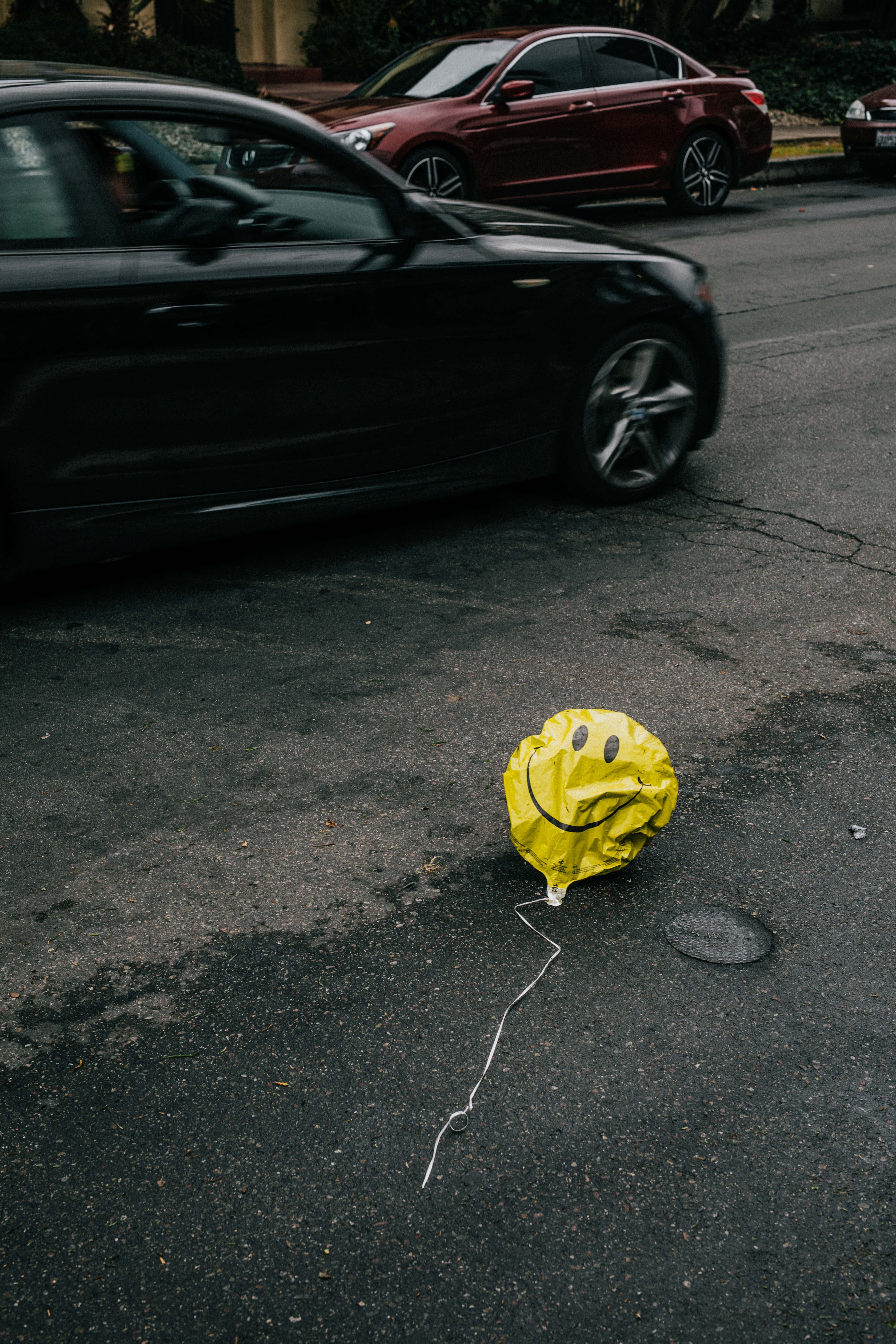 Sad Vibes, smiley face balloon, yellow, 5K Phone Wallpaper