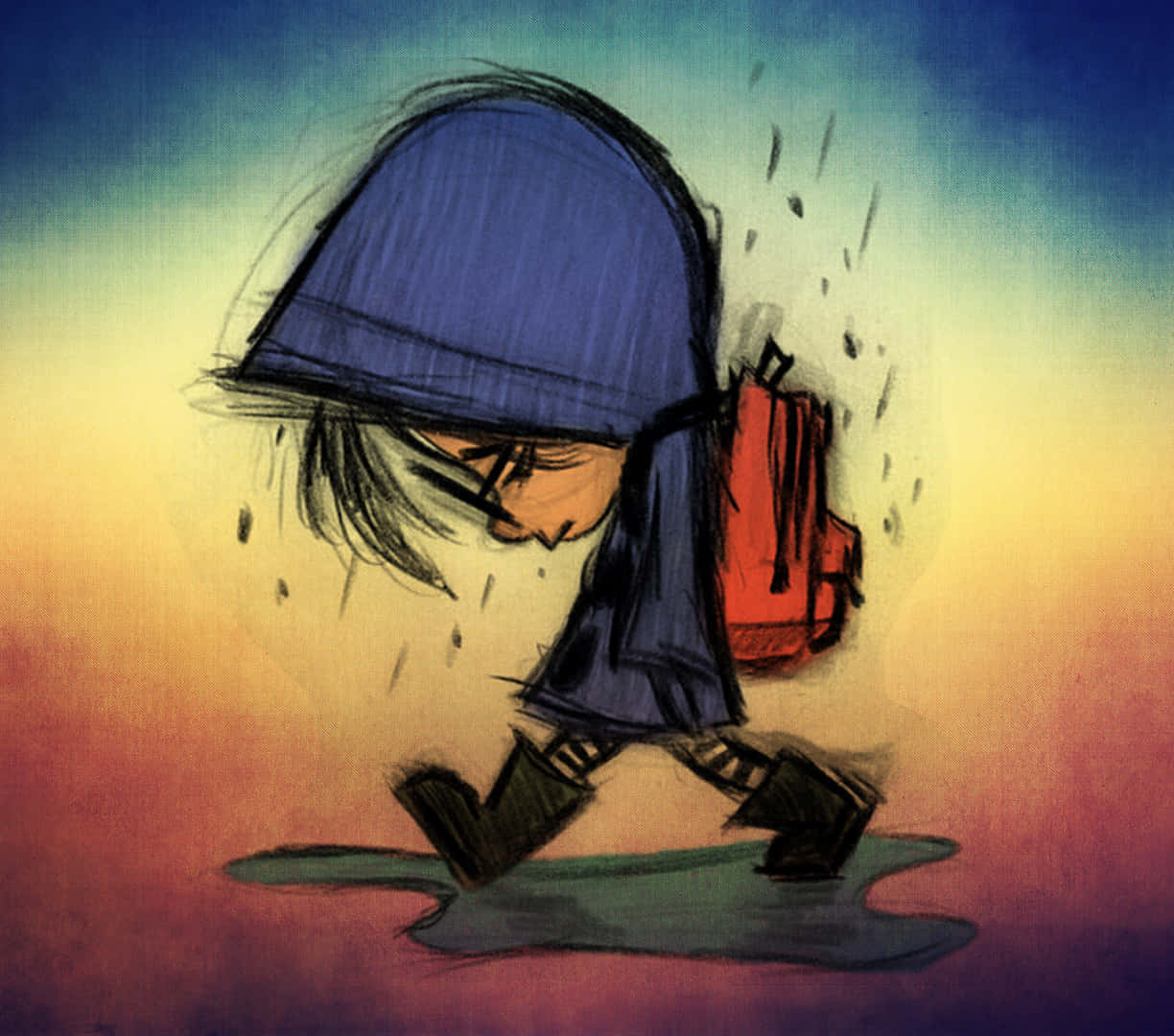 Sad Vibes, blue hood, red backpack, SD Desktop Wallpaper