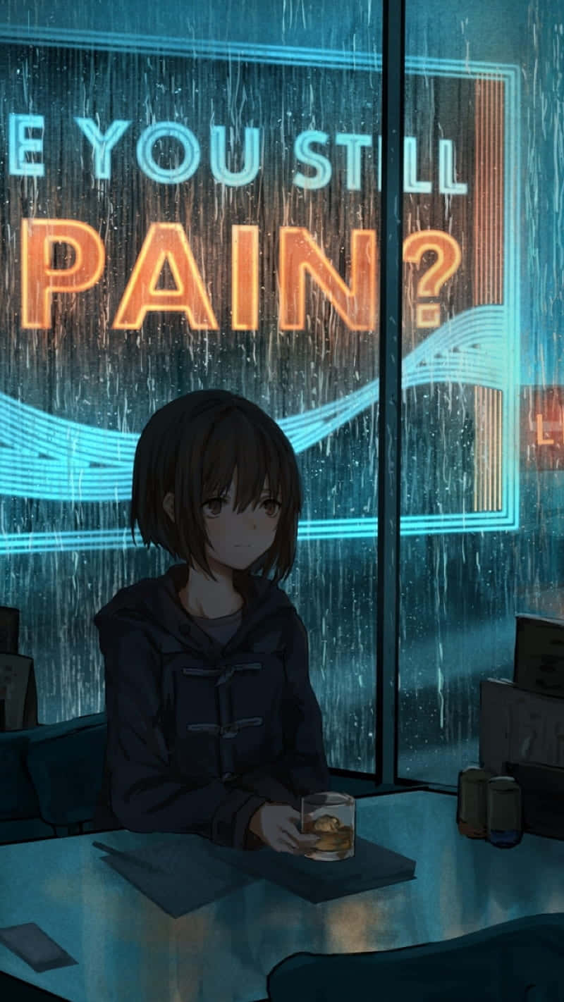 anime girl, rainy neon-lit bar, rain streaks, HD Phone Wallpaper