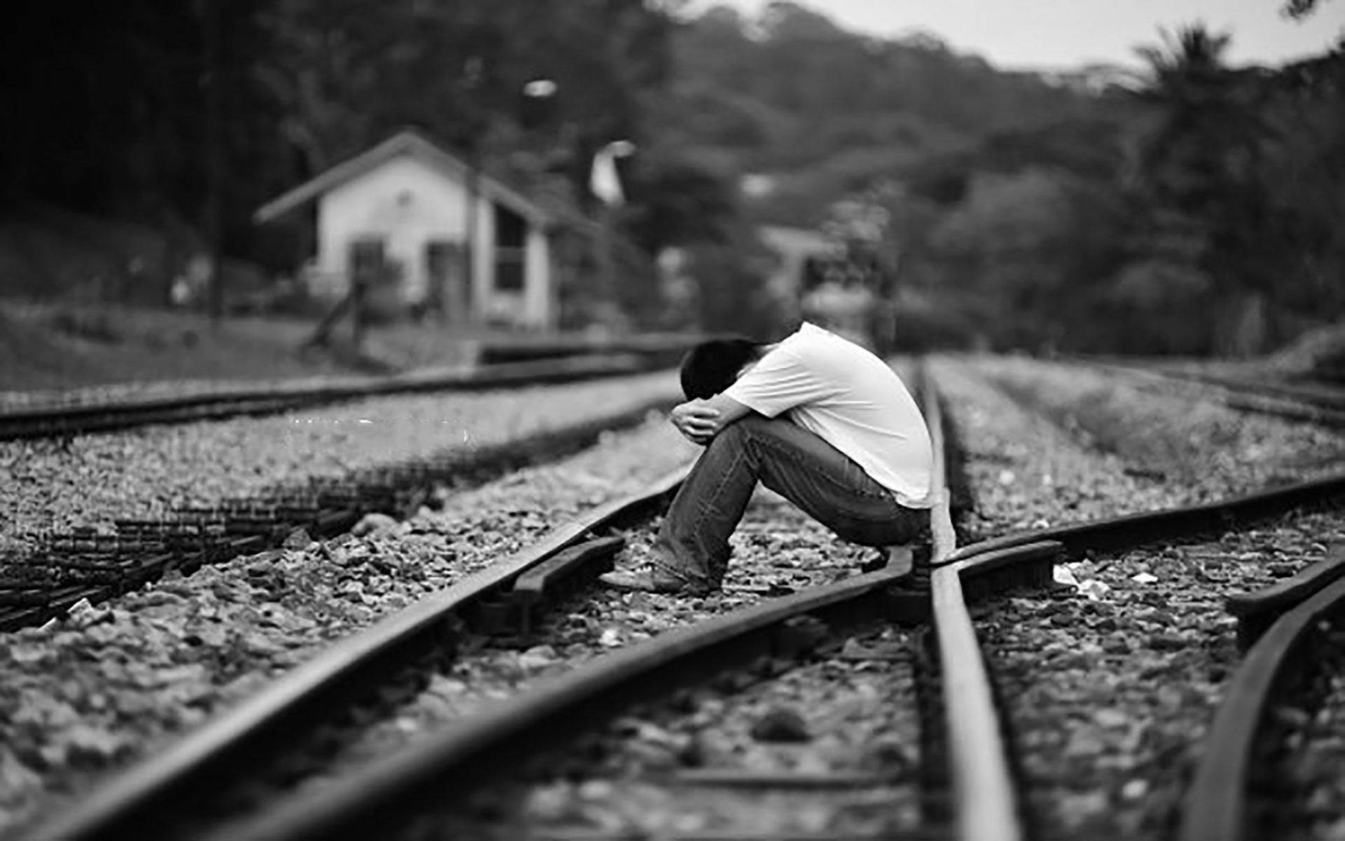 railway tracks, black and white, small house, Full HD Desktop Wallpaper