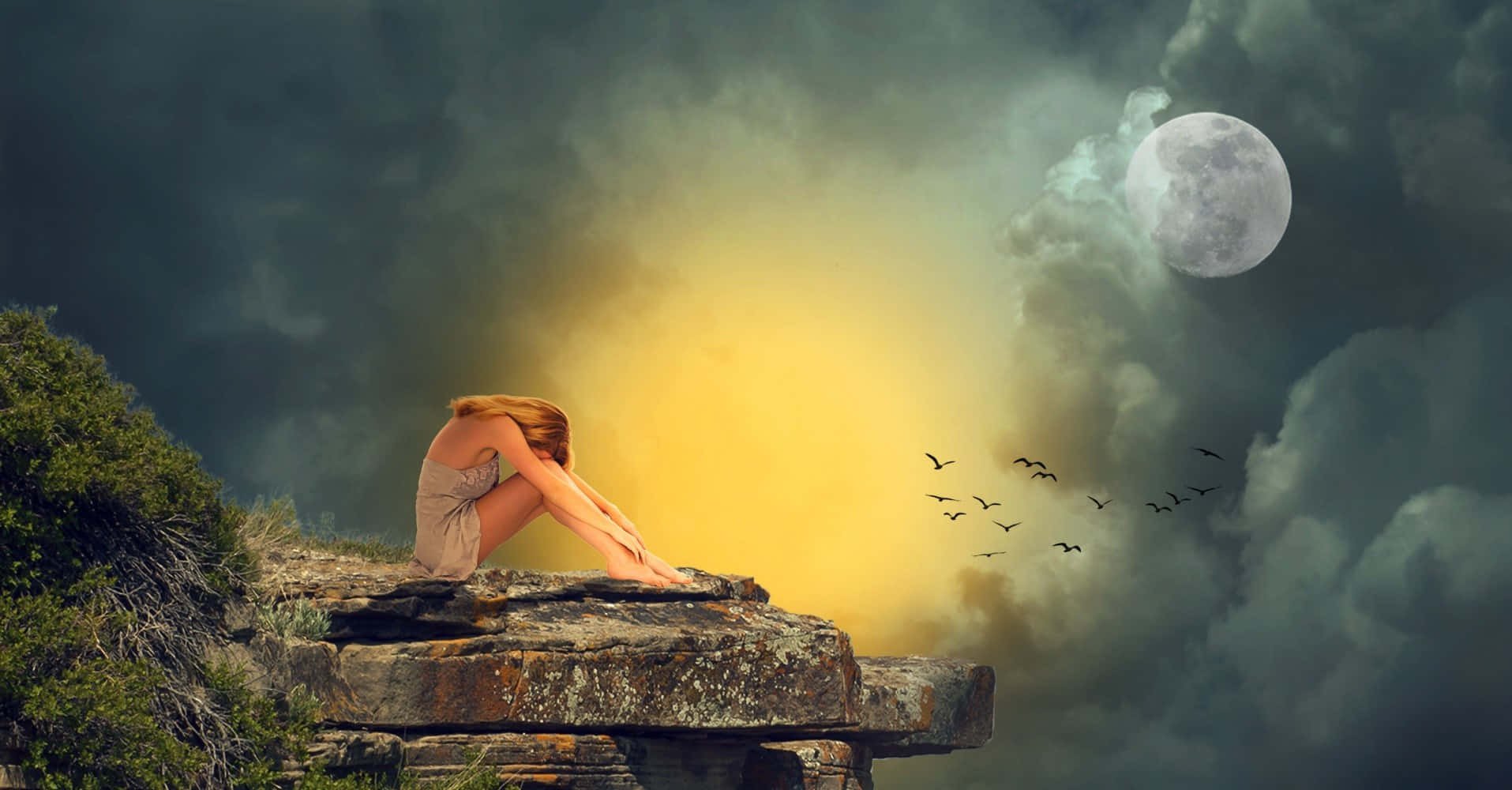 Sad Woman, cliff edge, glowing yellow light, HD Desktop Wallpaper