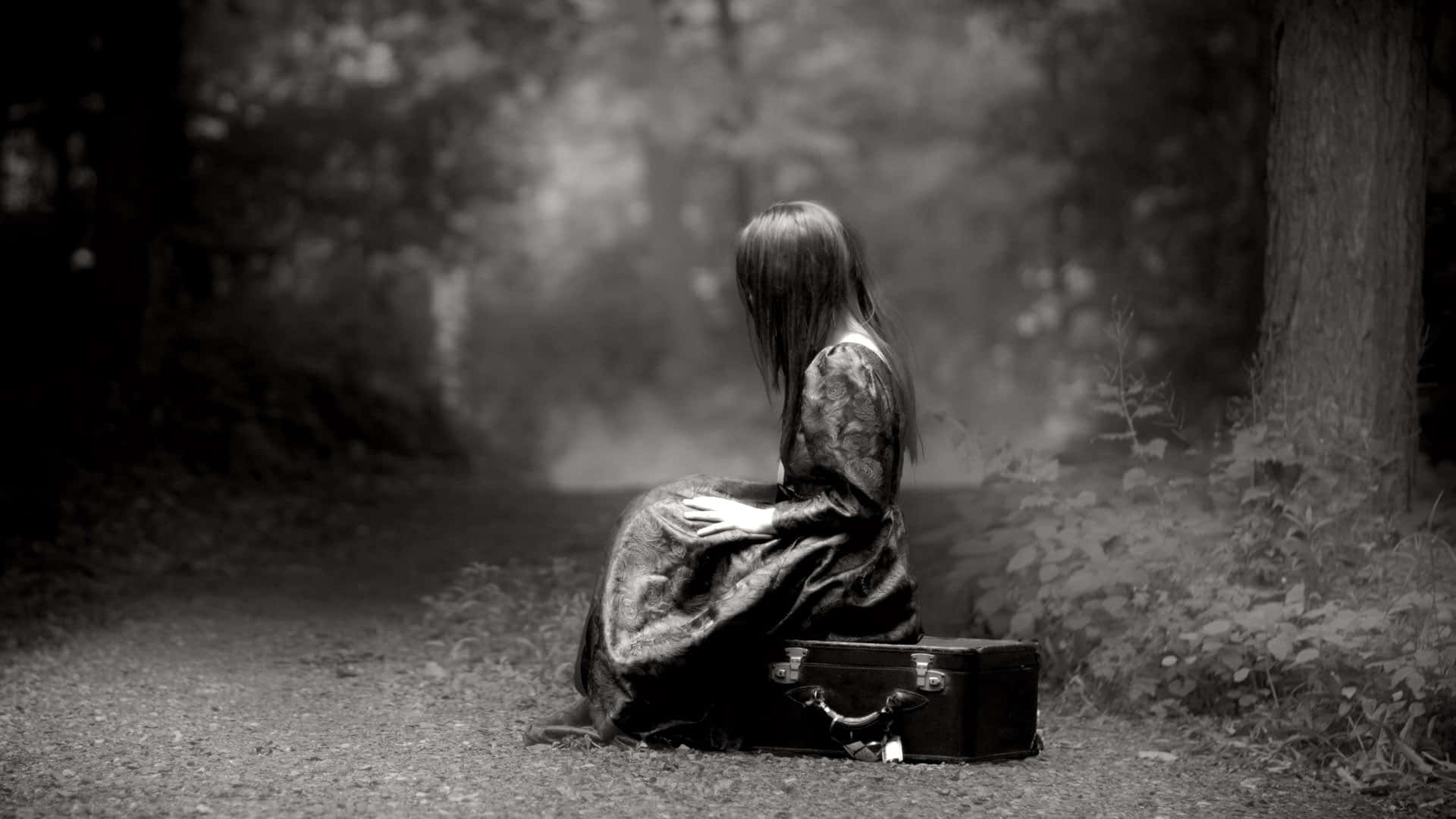Thinking Too Much Sad Woman, long dress, suitcase, Full HD Desktop Wallpaper