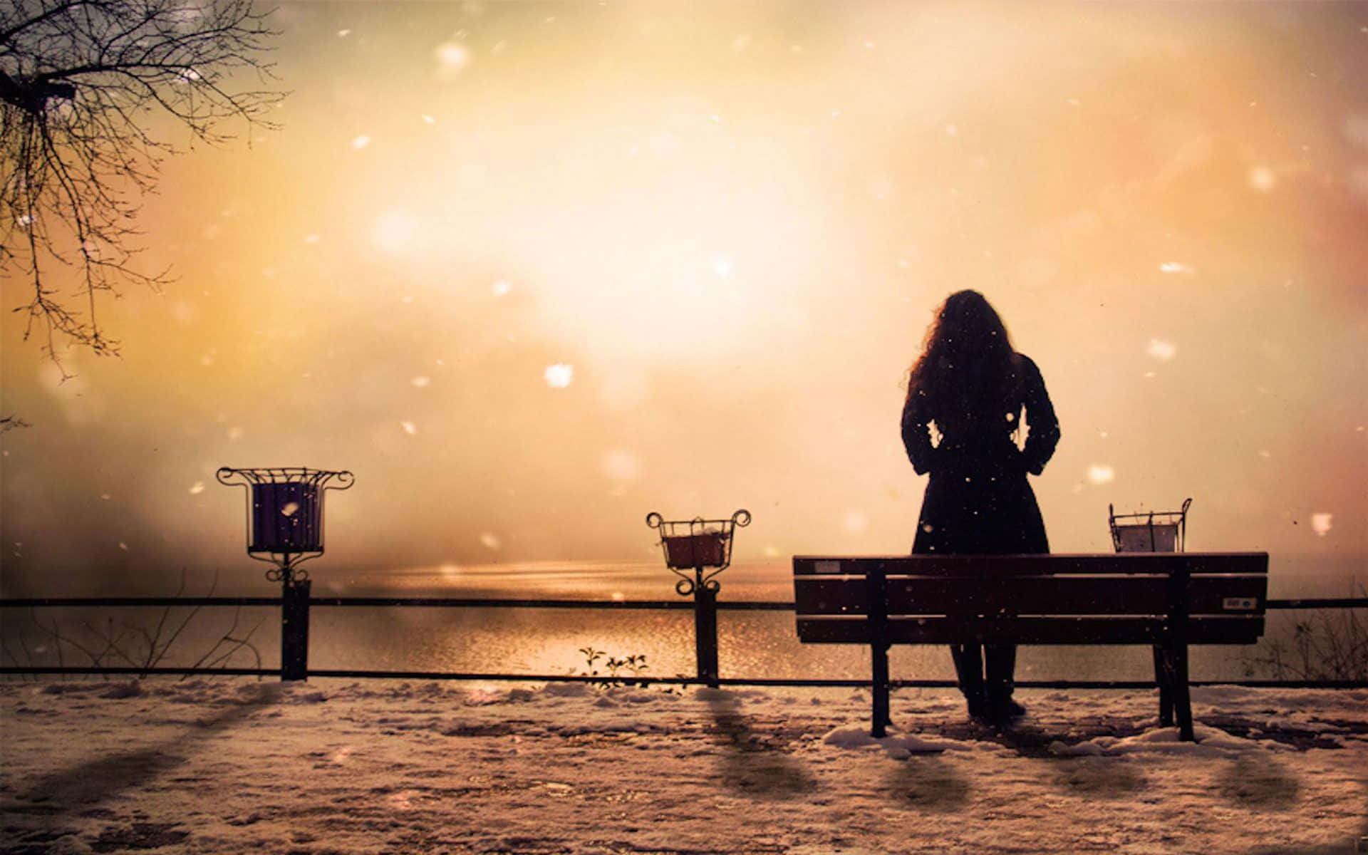 Sad Woman, student, snowy bench, Full HD Desktop Wallpaper