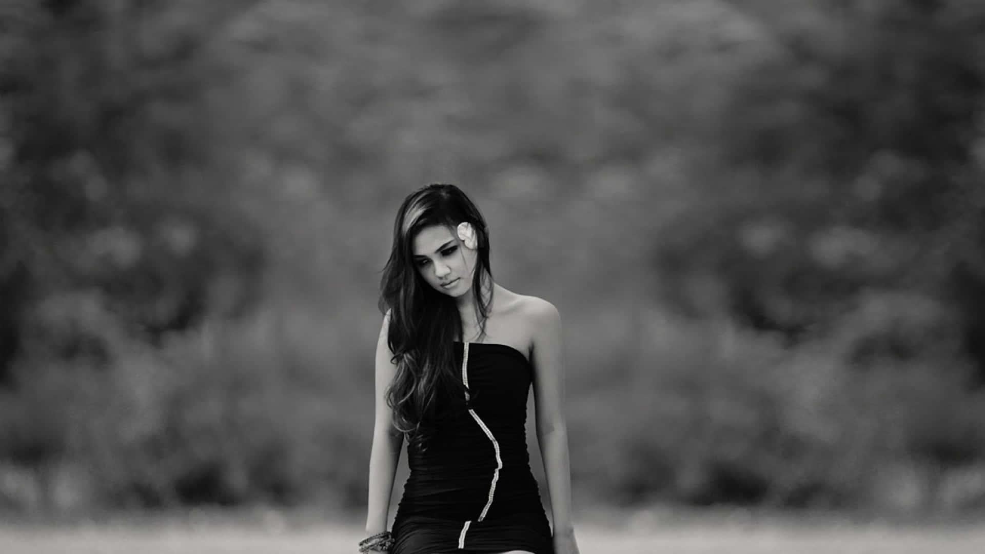 black dress, white flower, pensively, Full HD Desktop Wallpaper
