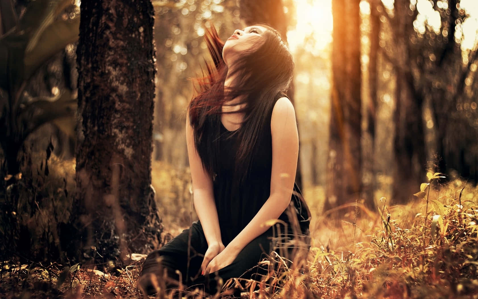 sad woman, sunlit forest, golden light, HD Desktop Wallpaper