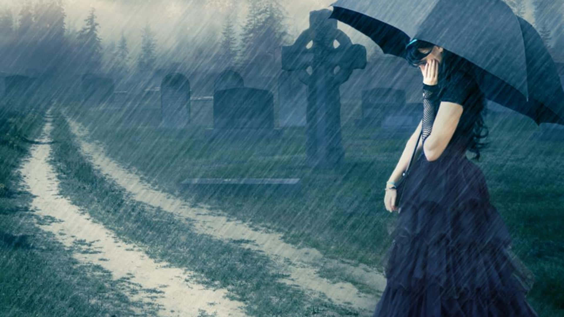 black dress, umbrella, misty rain-soaked cemetery, Full HD Desktop Wallpaper