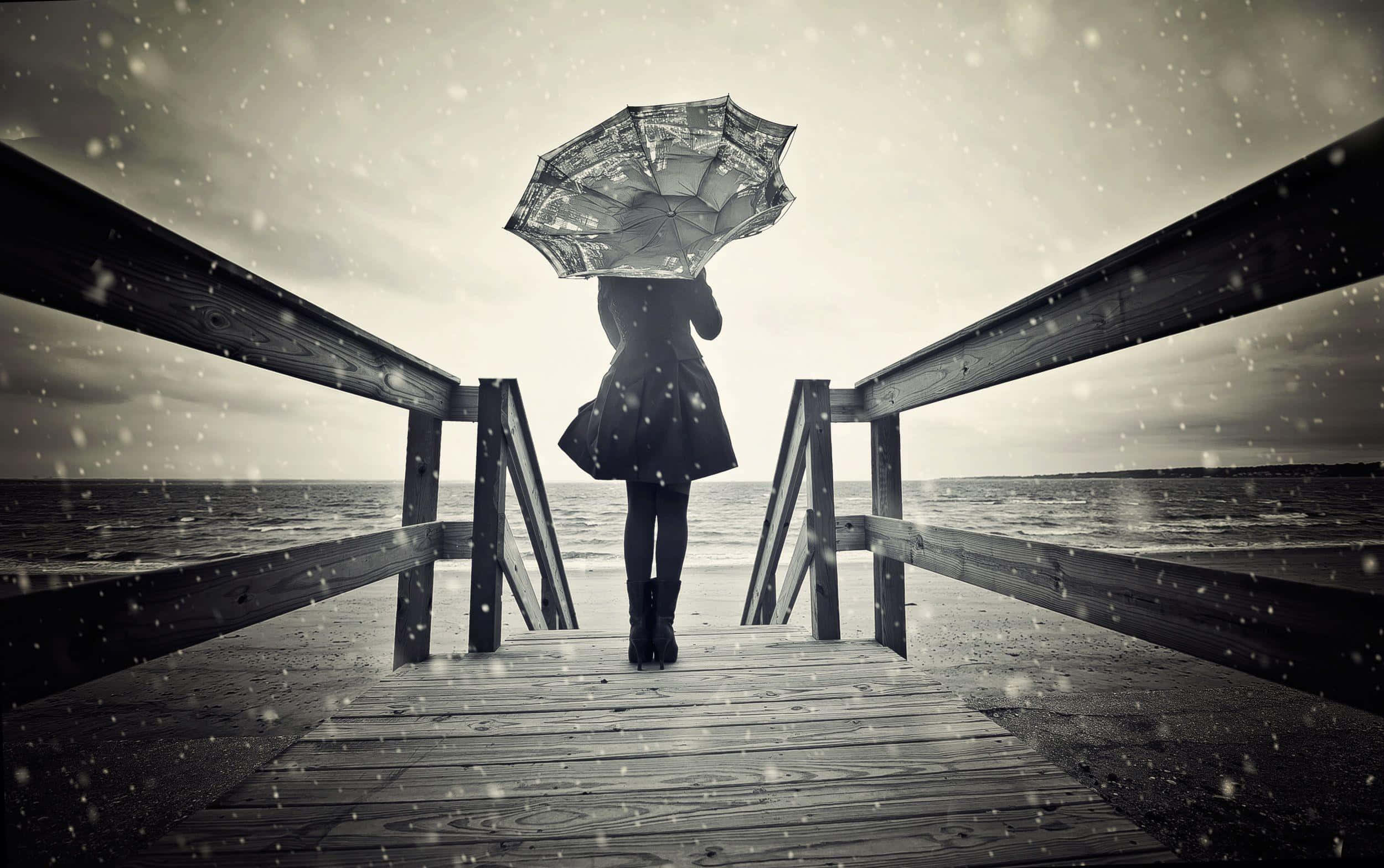 sad woman, wooden pier, snowy ocean, Full HD Desktop Wallpaper