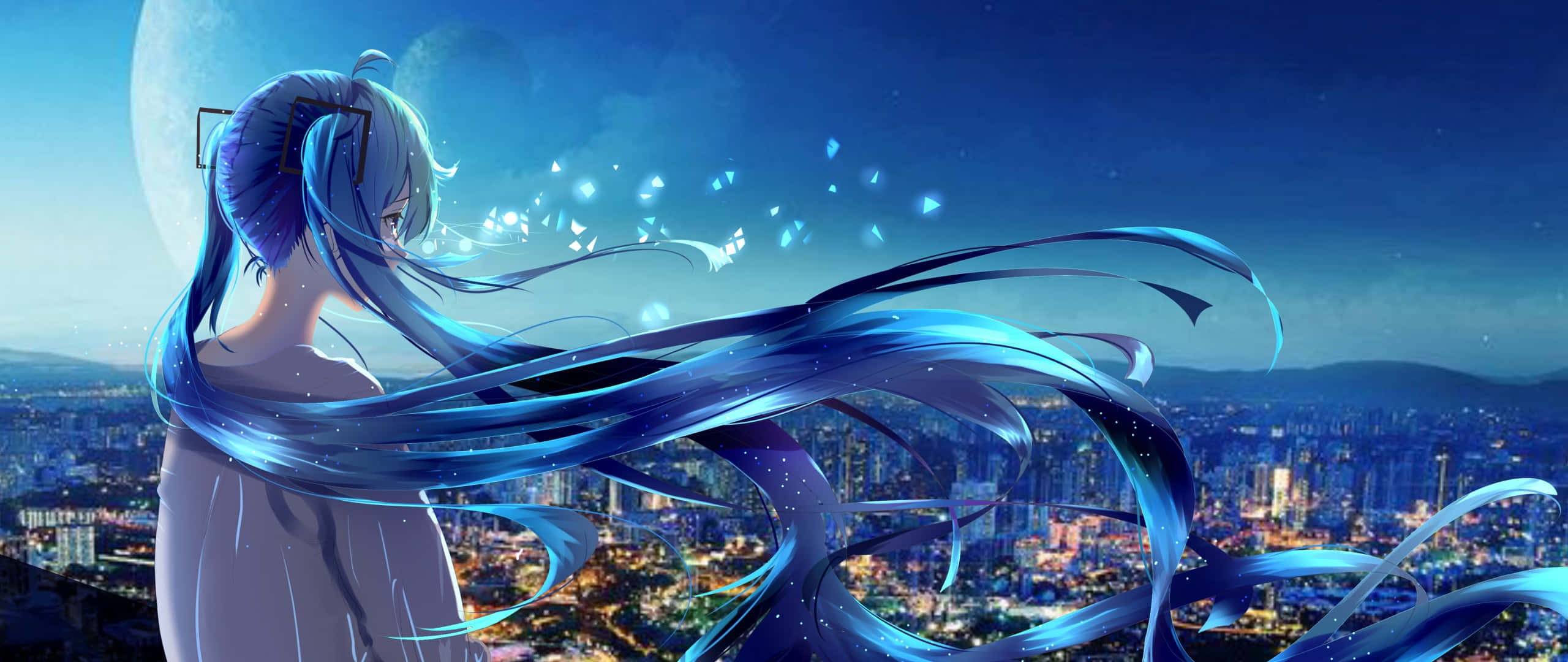 Anime girl, flowing blue hair, glowing cityscape, 2K Desktop Wallpaper