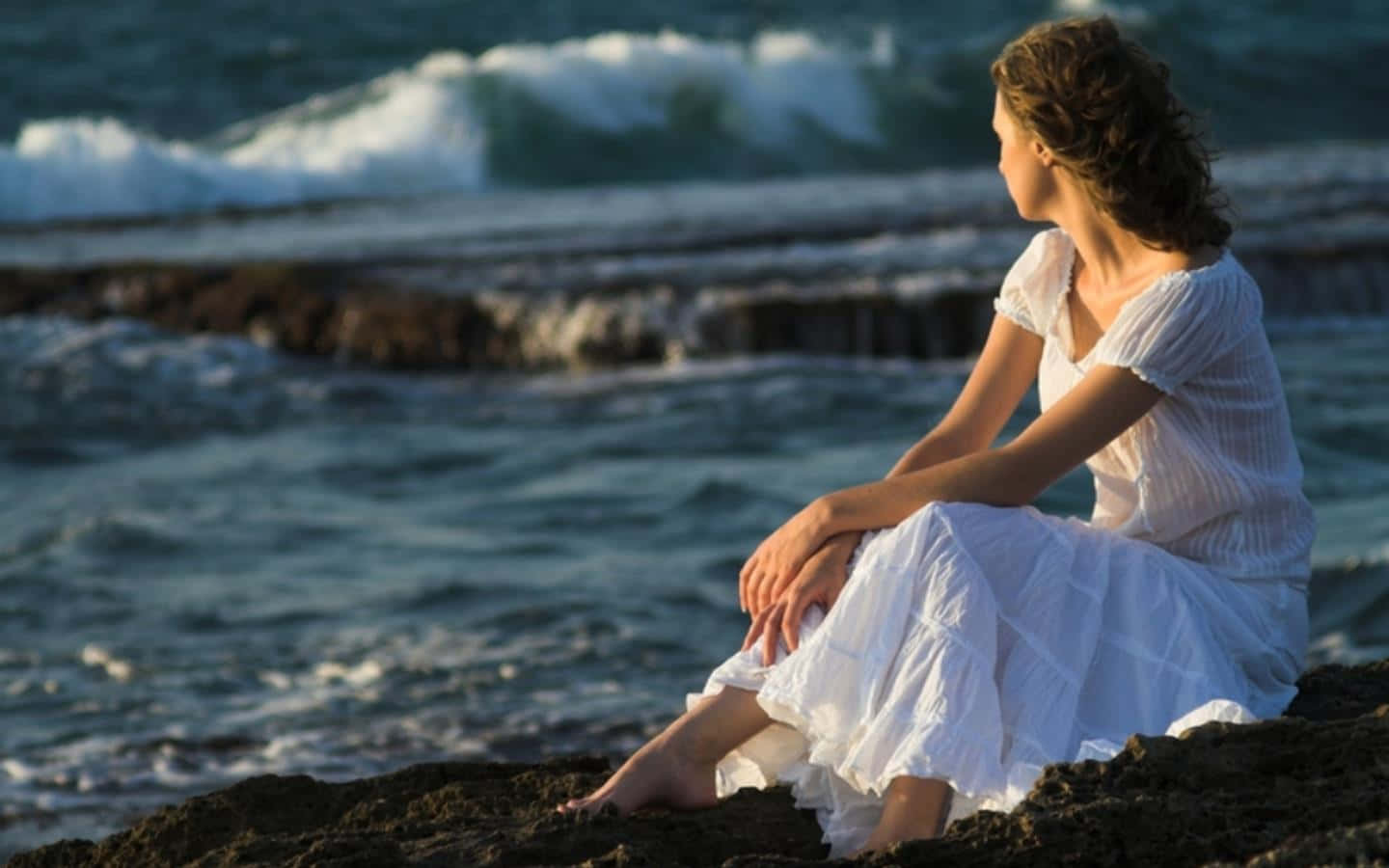 Sad Woman, white dress, dark rocks, HD Desktop Wallpaper