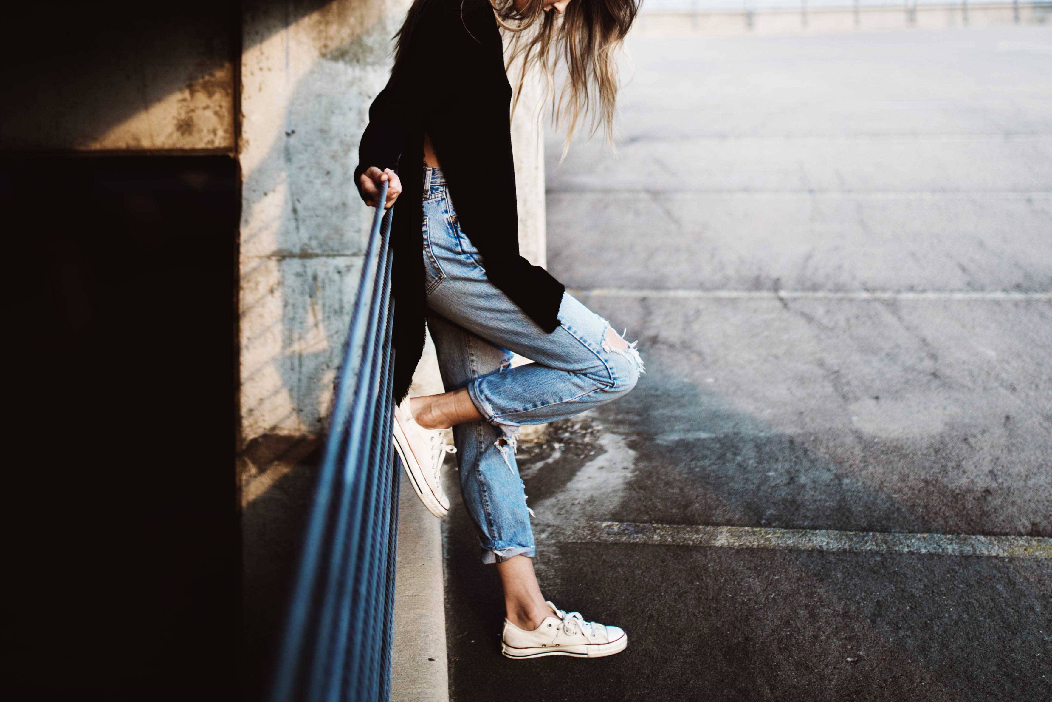 sad girl photography, golden hour, ripped jeans, 2K Desktop Wallpaper