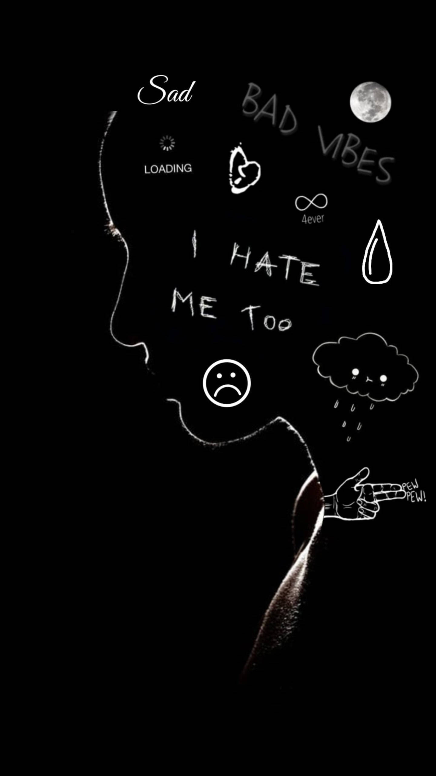 white outline of a person's profile, handwritten phrases, I HATE ME TOO, 2K Phone Wallpaper