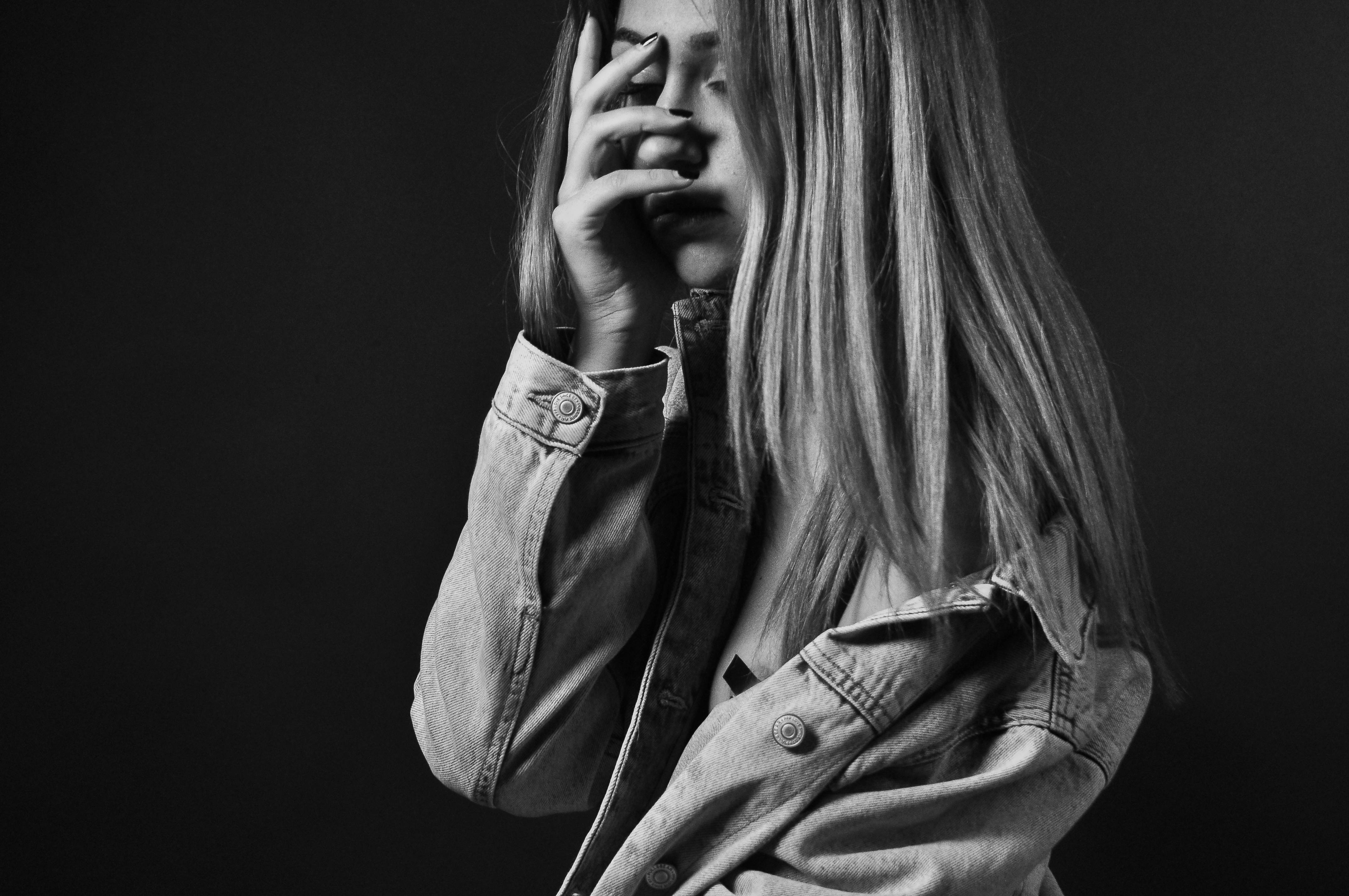 So Sad Girl, denim jacket, stark black background, 4K Desktop Wallpaper