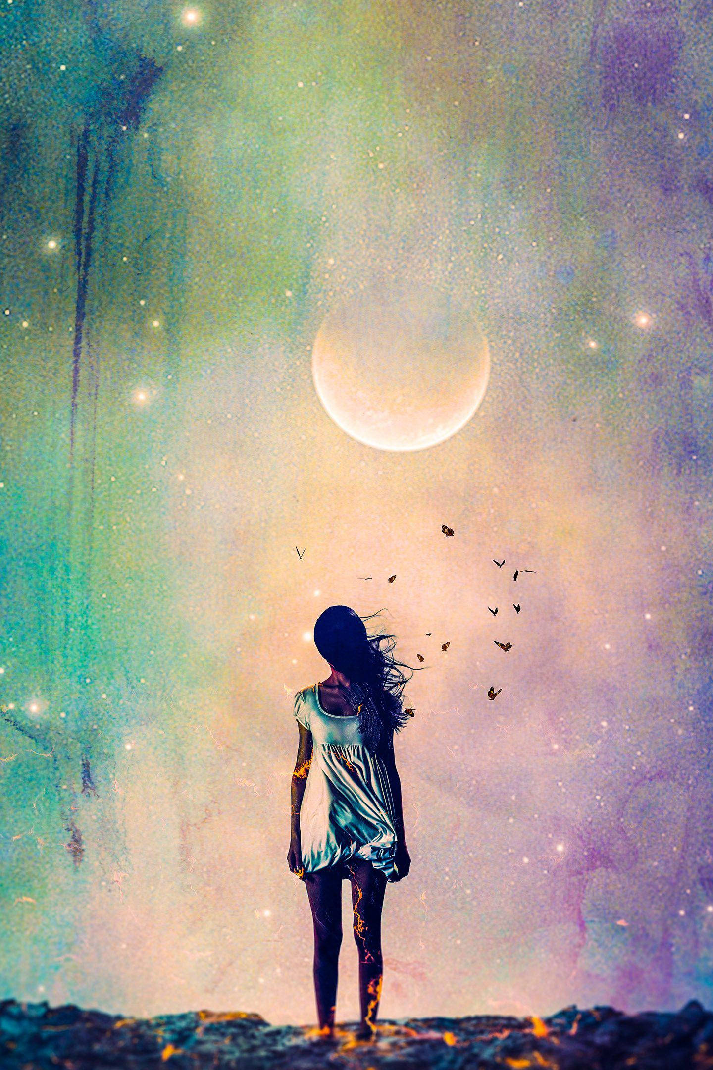 Sad Girl In The Universe, glowing crescent moon, rocky outcrop, Full HD Phone Wallpaper
