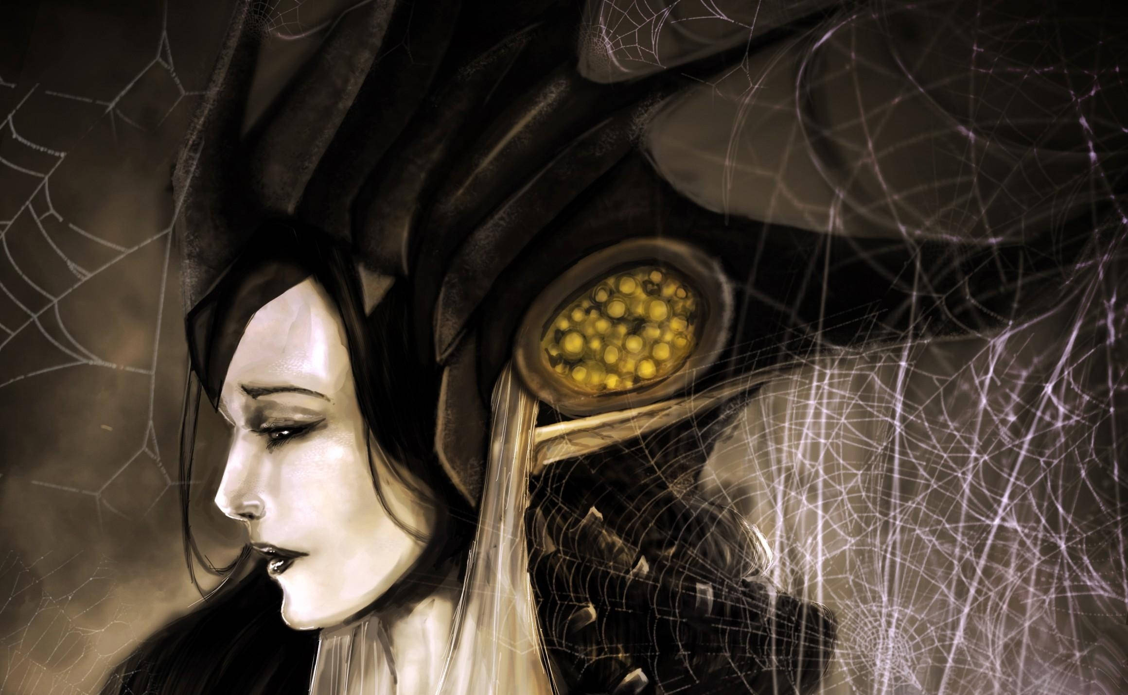 sad fantasy woman art, spider-like headpiece, glowing yellow orbs, Full HD Desktop Wallpaper
