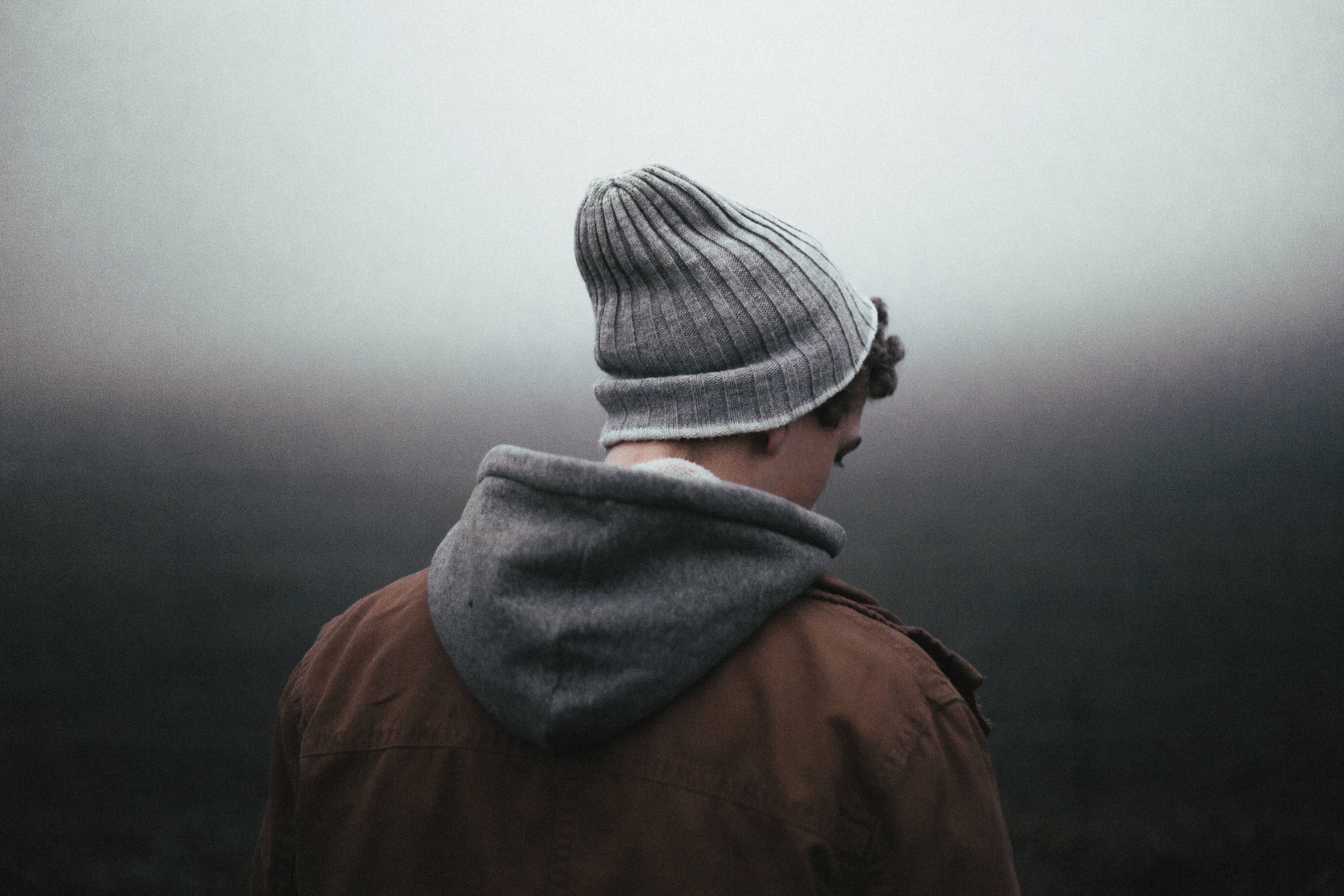 grey beanie, brown jacket, foggy landscape, 5K Desktop Wallpaper