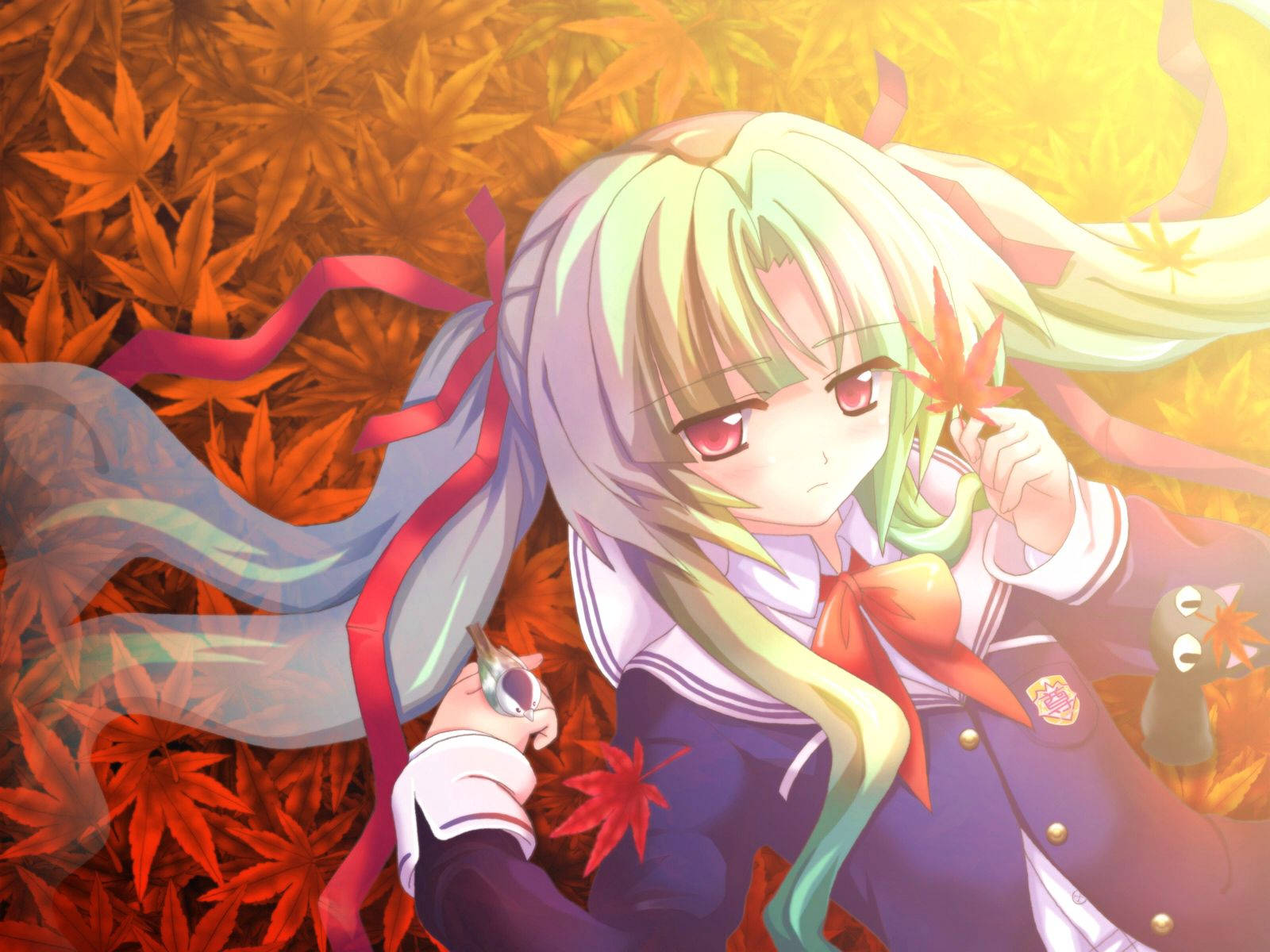 blonde anime girl, school uniform, maple leaf, HD Desktop Wallpaper