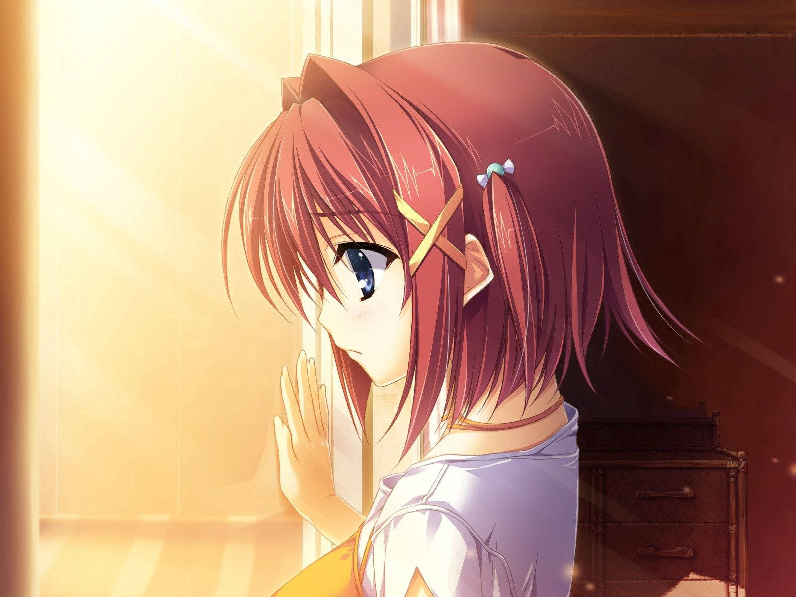 red-haired anime girl, blue eyes, sunlit window, HD Desktop Wallpaper